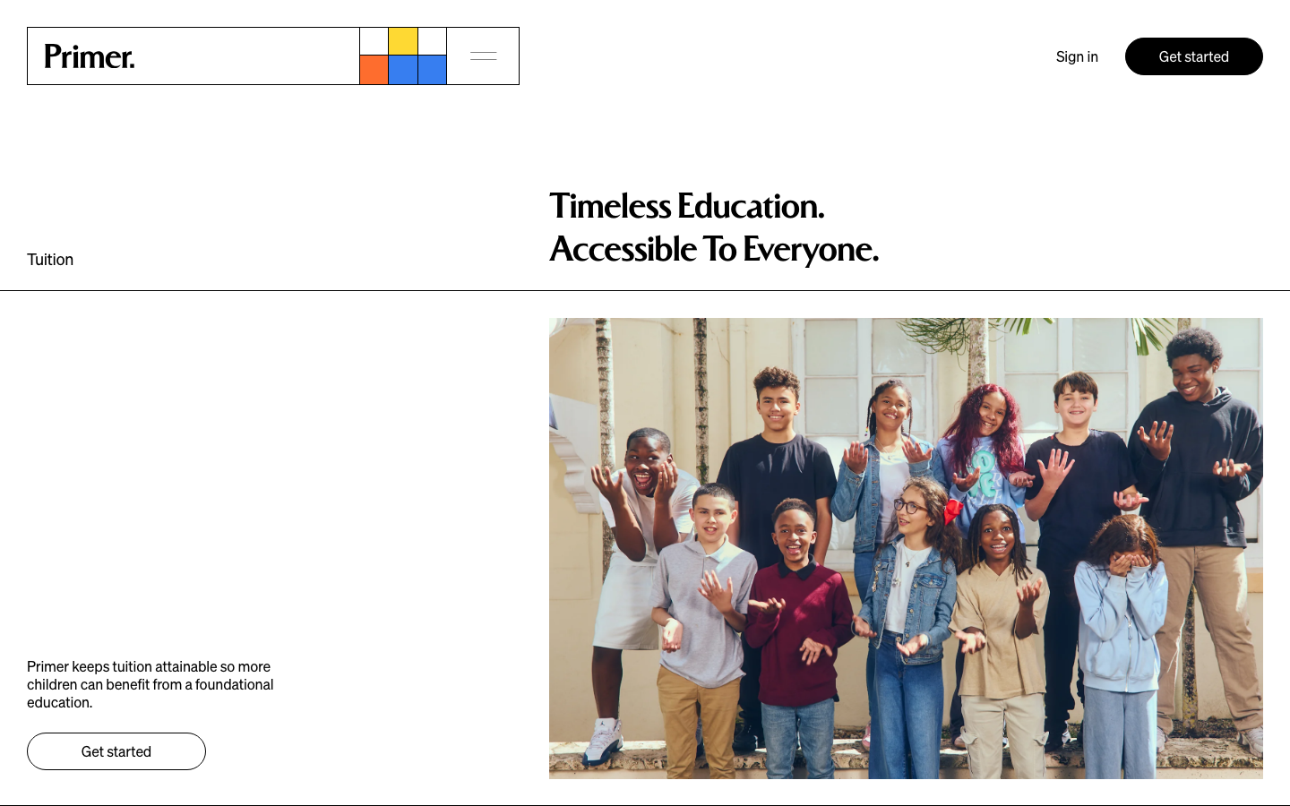 A high-contrast, minimal layout utilizing generous white space and a bold serif headline. The composition balances a clean typographic left column with a vibrant, candid group photograph on the right. · education landing page, minimalist editorial layout, serif hero typography, split screen hero, clean academic design