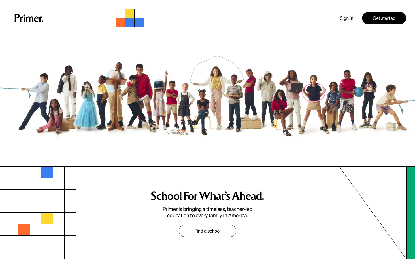 A high-contrast layout utilizing a strict grid system and primary color accents. The design balances a playful, diverse group photograph with a disciplined, Swiss-inspired typographic structure. · education landing page, swiss style grid, minimalist primary colors, clean academic layout, high contrast white space