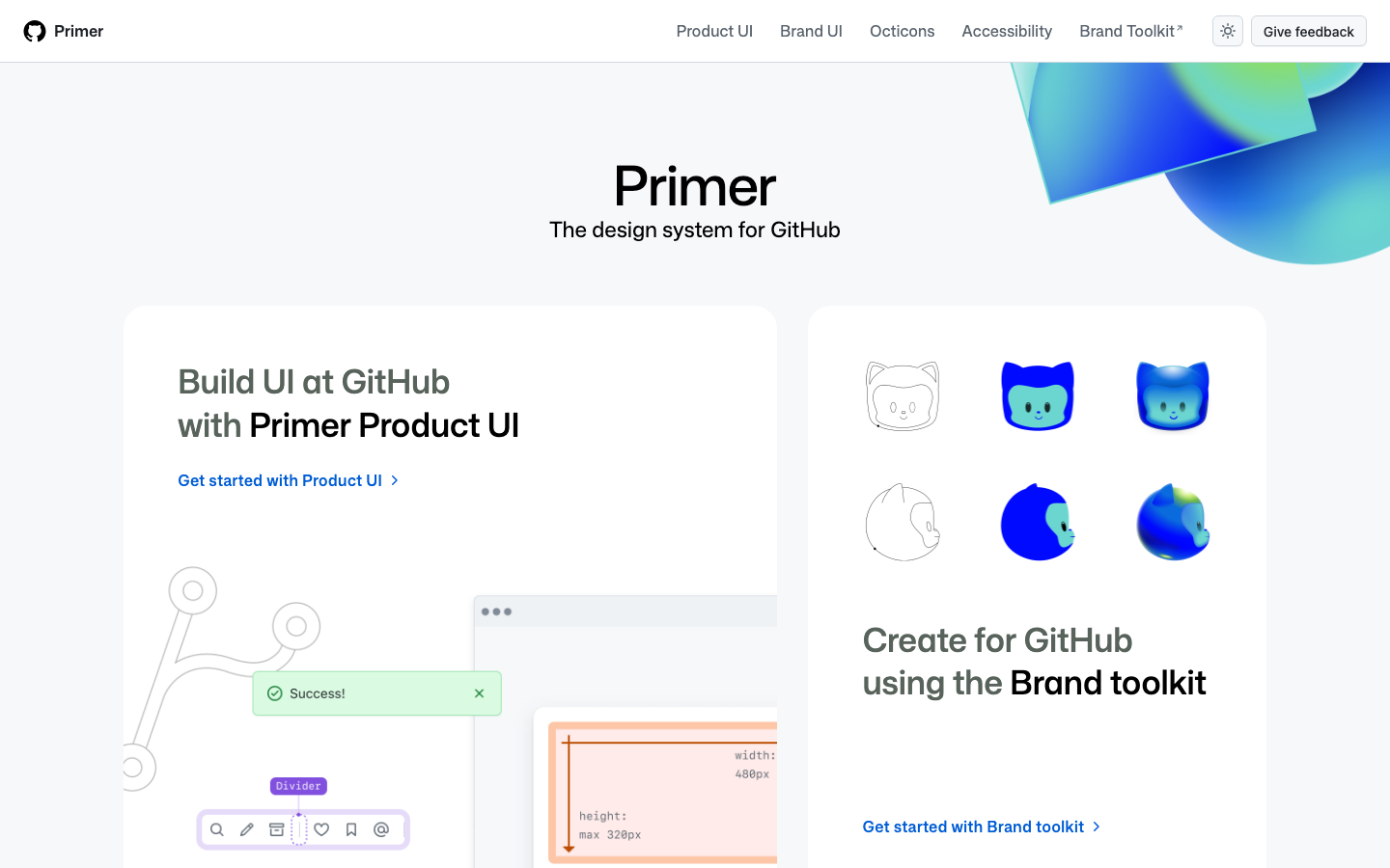 The layout prioritizes clarity and modularity, presenting key features and branding elements in distinct, visually balanced blocks. The limited color palette and ample white space contribute to a clean, functional aesthetic. · design system, ui kit, developer tools, primer style, github ui, minimalist design, swiss design, monochrome palette