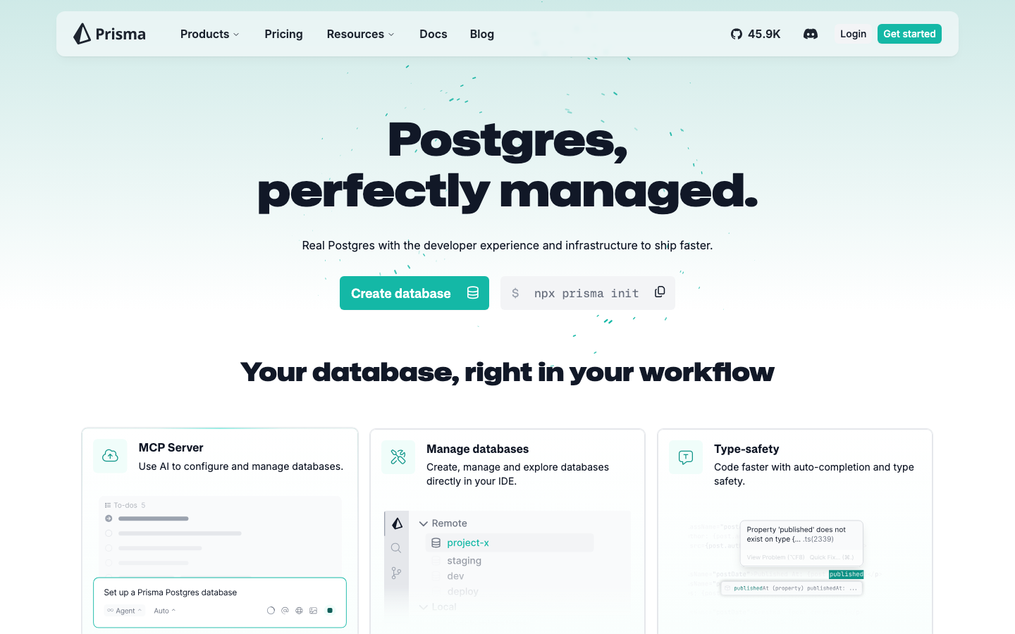 The page uses a clean, grid-based layout to showcase key features. Typography is straightforward and functional, with a focus on readability. The color palette is limited to shades of blue and green, creating a calm and professional mood. · saas landing page, developer tools design, database management, technical website, minimalist design, blue and green palette, feature showcase