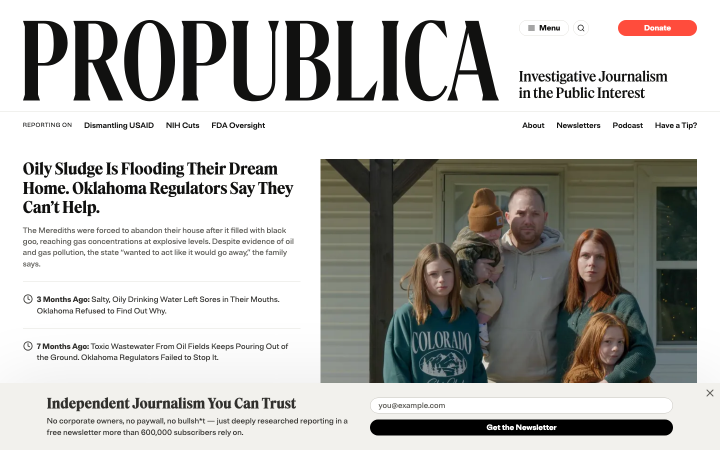 Propublica - The page prioritizes clear hierarchy and typographic clarity. A large, bold headline anchors the content, with supporting text and images arranged in a structured, grid-like fashion. The overall feel is authoritative and focused on delivering information directly.  ·  investigative journalism, nonprofit news, journalism website, news site design, propublica, headline typography, grid layout, minimalist news, editorial design