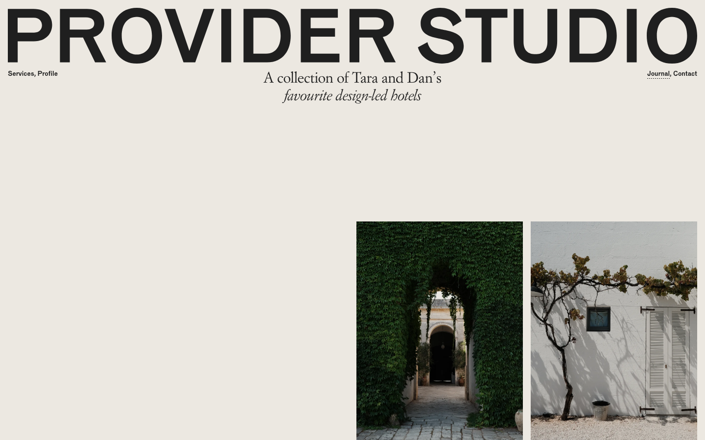 High-contrast typographic hierarchy paired with a muted cream background. The layout uses an asymmetric grid of architectural photography and refined serif italics for a curated, gallery-like feel. · editorial agency, minimalist journal, luxury hospitality layout, cream background design, typographic hierarchy, curated grid