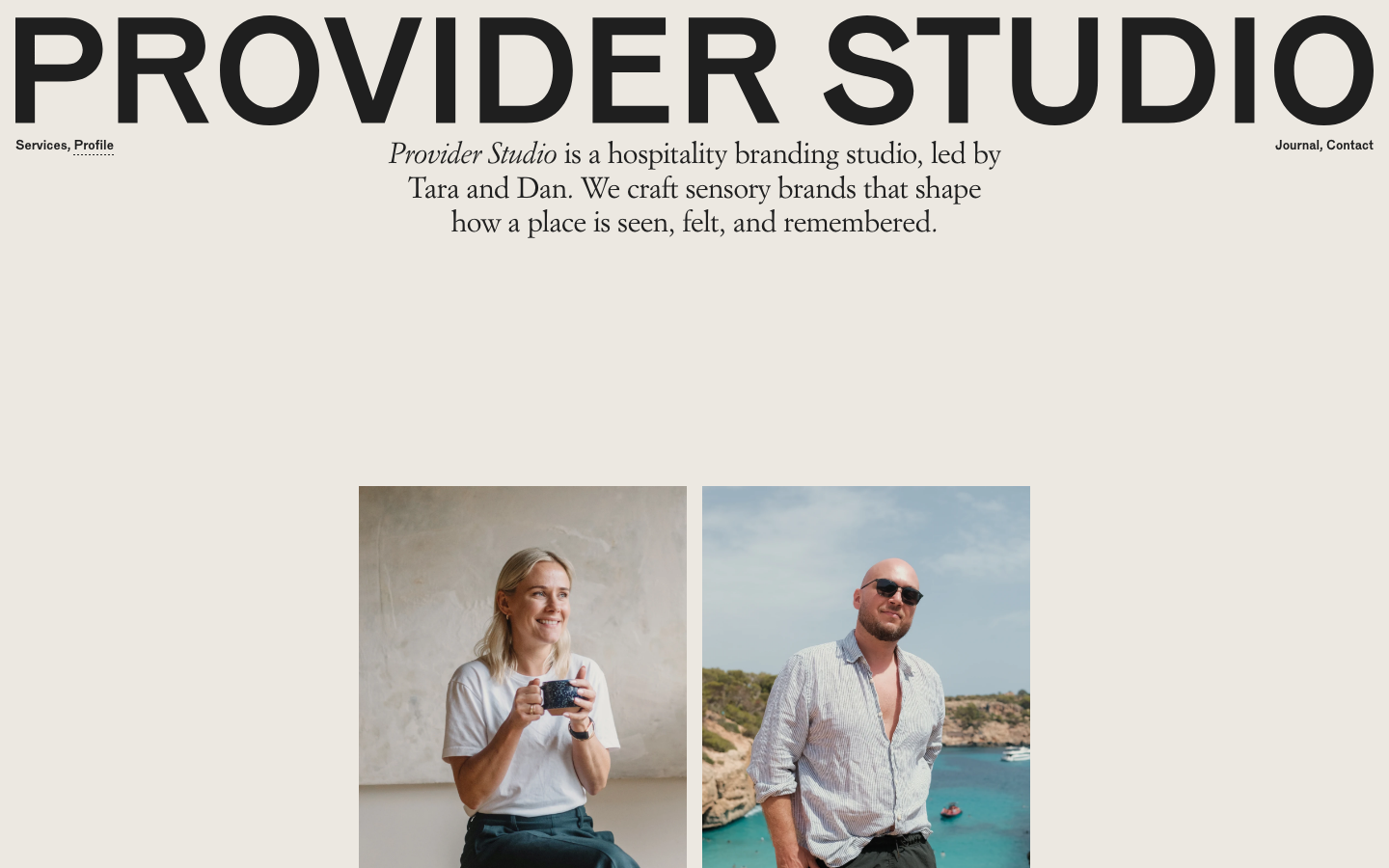 High-contrast typographic hierarchy featuring a massive sans-serif header paired with a centered italic serif body. The layout uses generous negative space and a warm cream background for an editorial feel.  ·  editorial agency profile, minimalist typography, cream background web design, luxury branding studio, swiss style layout