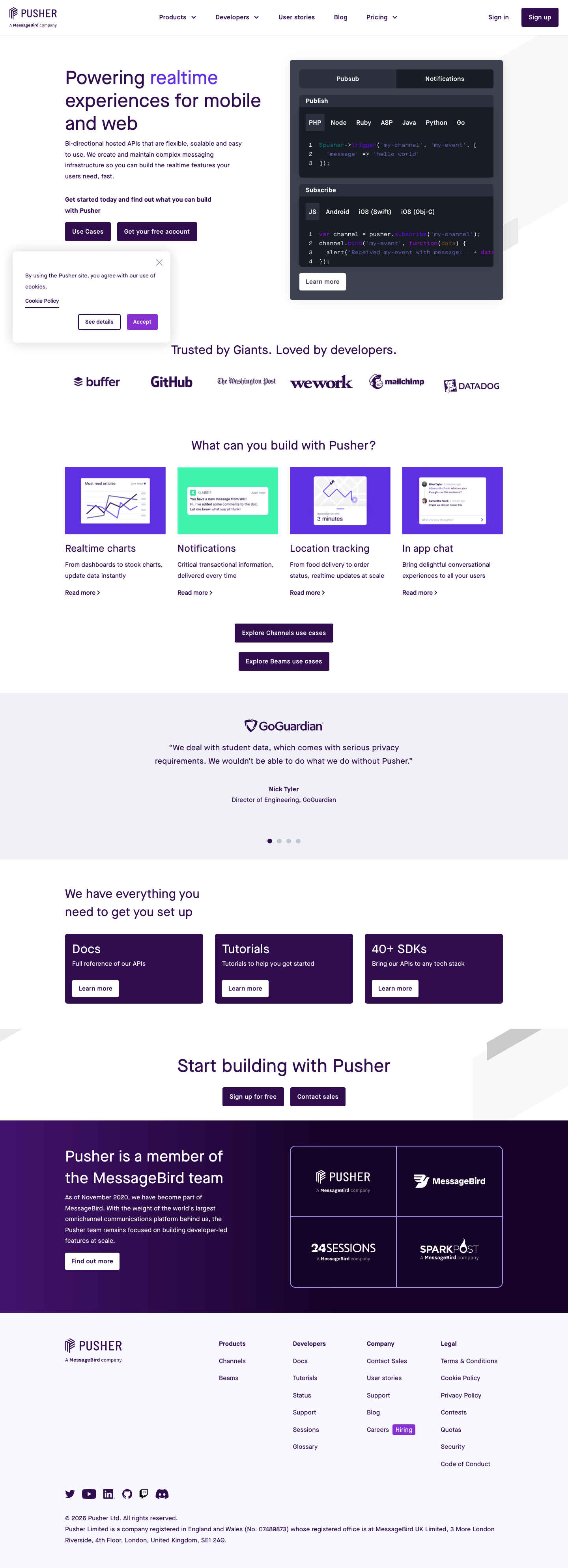 Pusher | Leader In Realtime Technologies - full page scroll