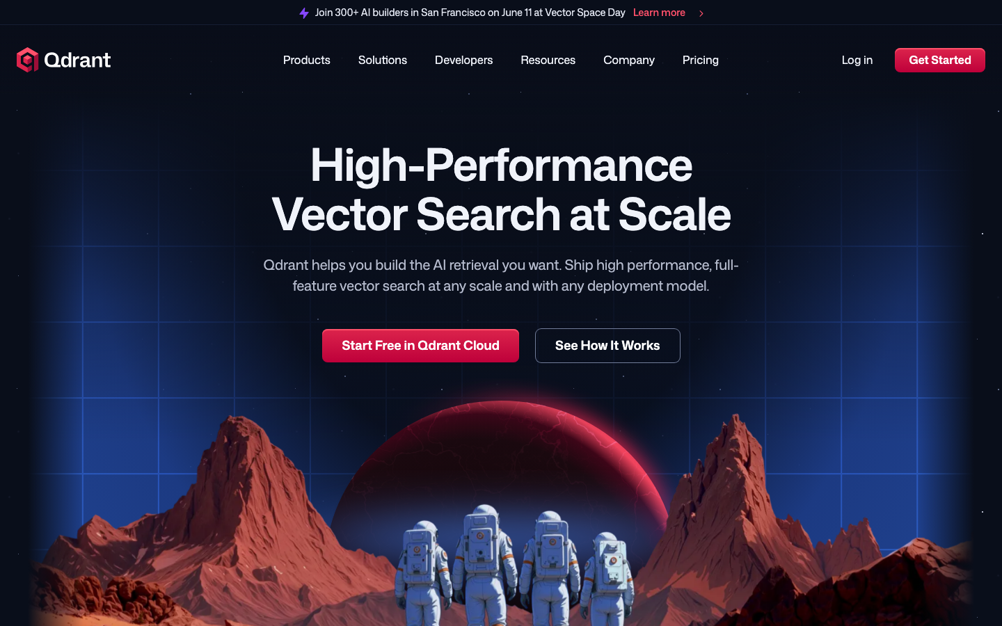 Qdrant Tech - The page uses a dark, high-contrast palette with a prominent hero image and clear typography. The layout is structured with distinct sections, utilizing a bento-grid to showcase key features and information in a visually organized manner. The overall feel is precise and functional.  ·  ai vector search, dark saas, technical landing page, developer tools, data science, qdrant, vector database