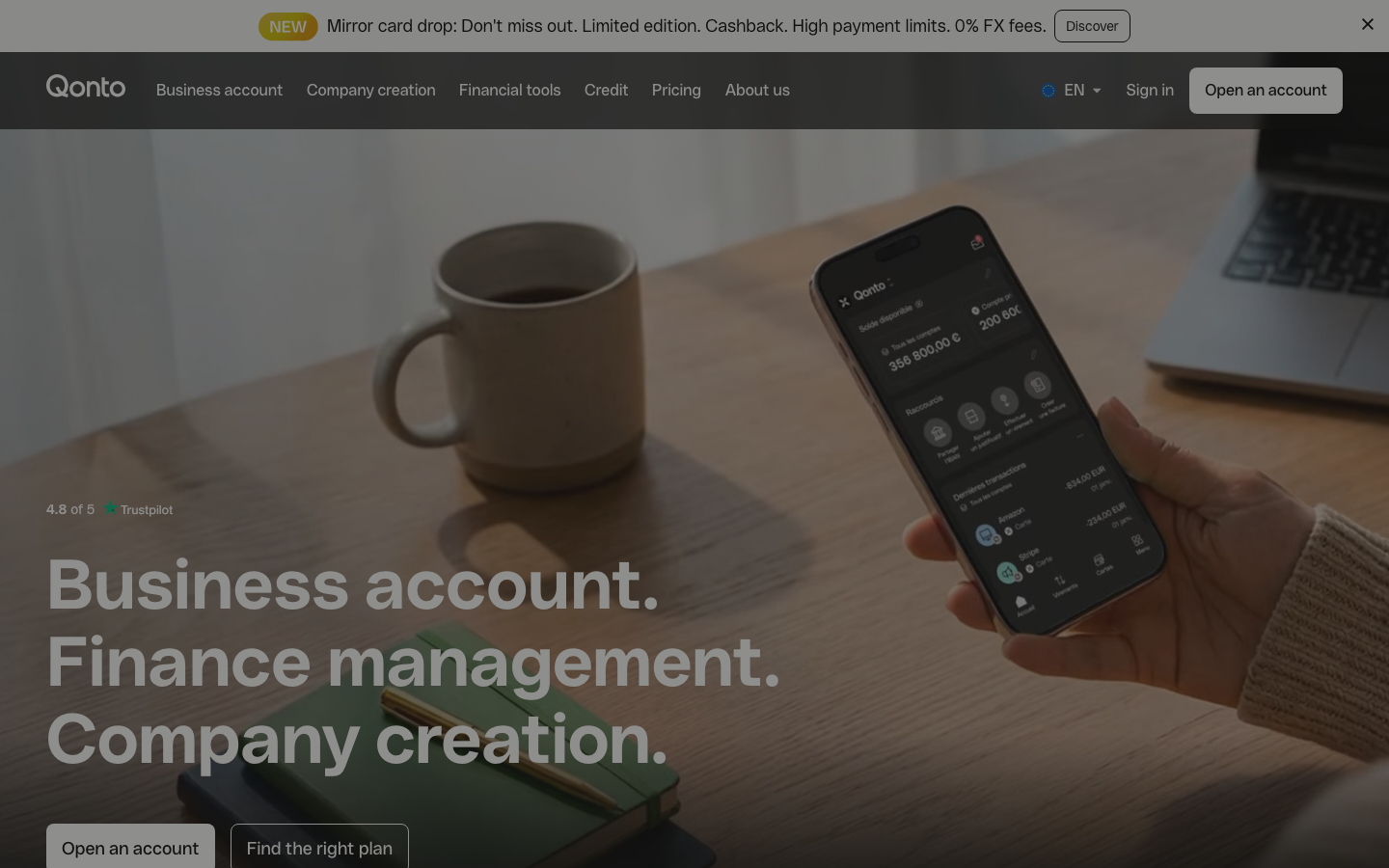 A business account - and much more. ✓ Invoicing ✓ Bookkeeping ✓ Expense management ✓ Financing | 7/7 customer support · minimalism, brutalism, monochrome, glassmorphism, fintech, saas, hero-with-cta, logo-cloud, feature-trio, sticky-nav