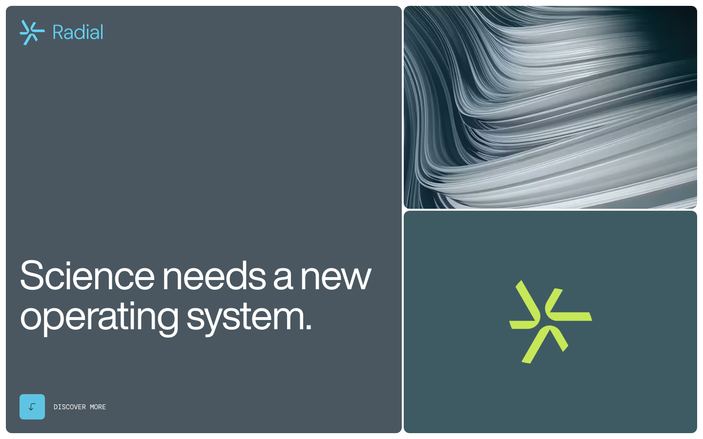 A stark, asymmetric layout using a deep slate palette and a high-contrast lime accent. The composition balances heavy typography with an abstract organic 3D render. · dark mode hero, minimalist science site, asymmetric grid hero, muted slate palette, technical landing page