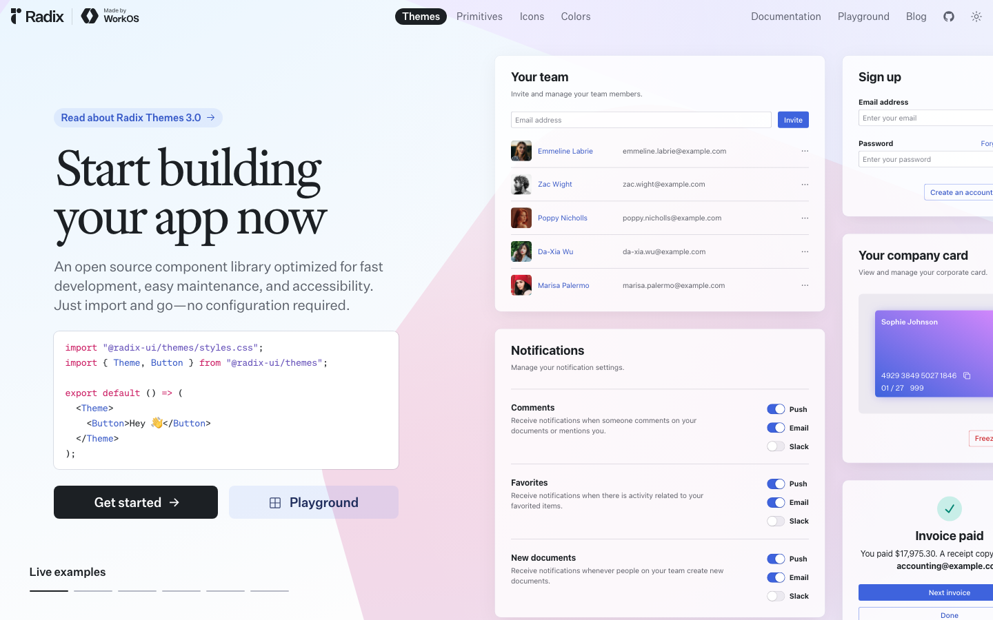 Radix Ui - The page uses a clean, grid-based layout with a focus on showcasing the product's components. Typography is straightforward and functional, with a limited color palette emphasizing readability and clarity. The overall mood is professional and efficient.  ·  ui library, component showcase, developer tools, design system, radix ui, javascript components, modern ui, technical design