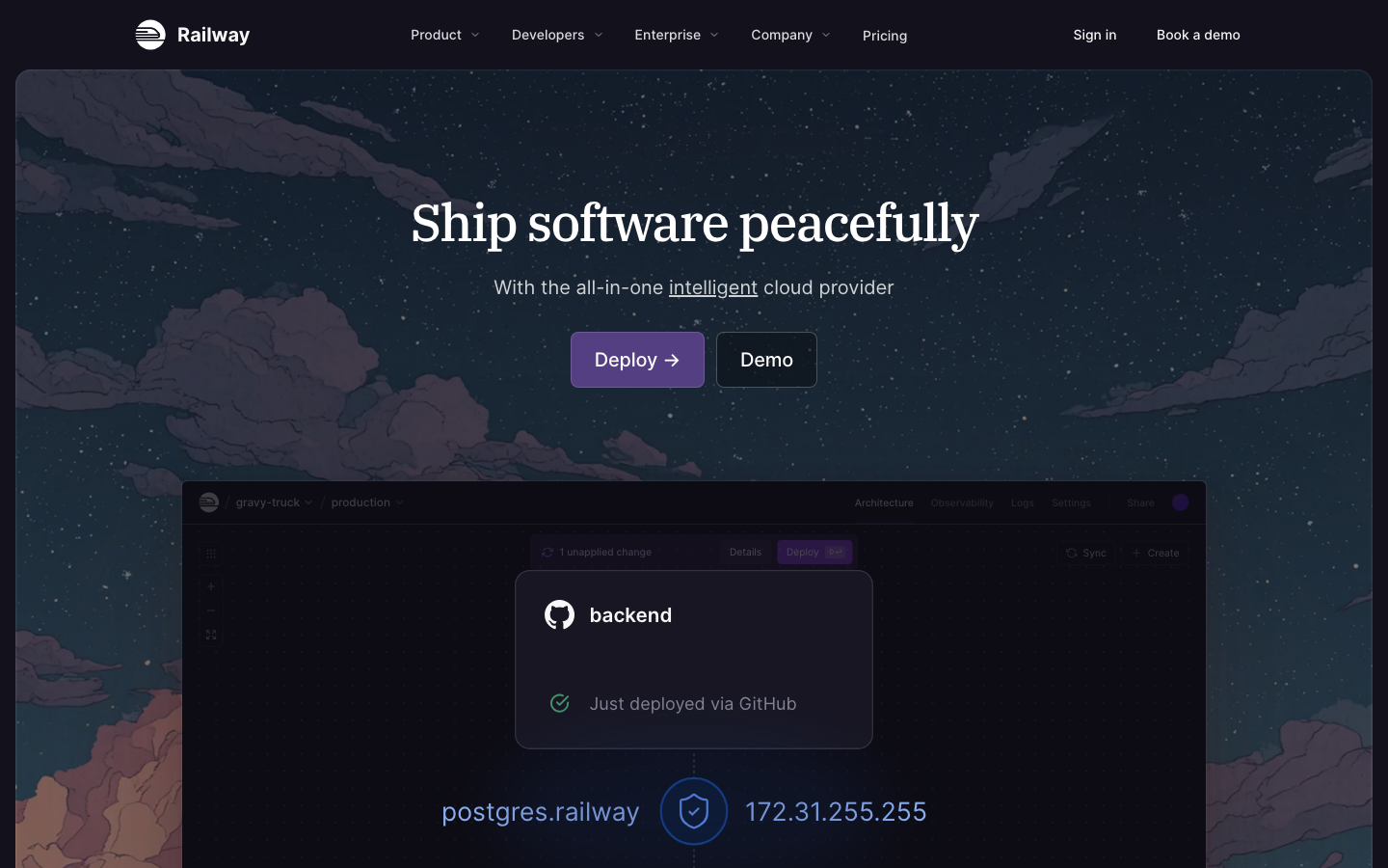 The page uses a stark, dark color palette with a prominent hero image showcasing a terminal interface. The typography is clean and functional, prioritizing readability over ornamentation. The overall mood is serious and focused, emphasizing the technical nature of the product. · dark saas, terminal ui, developer tools, cloud platform, minimalist design, tech website, coding platform, railway deployment