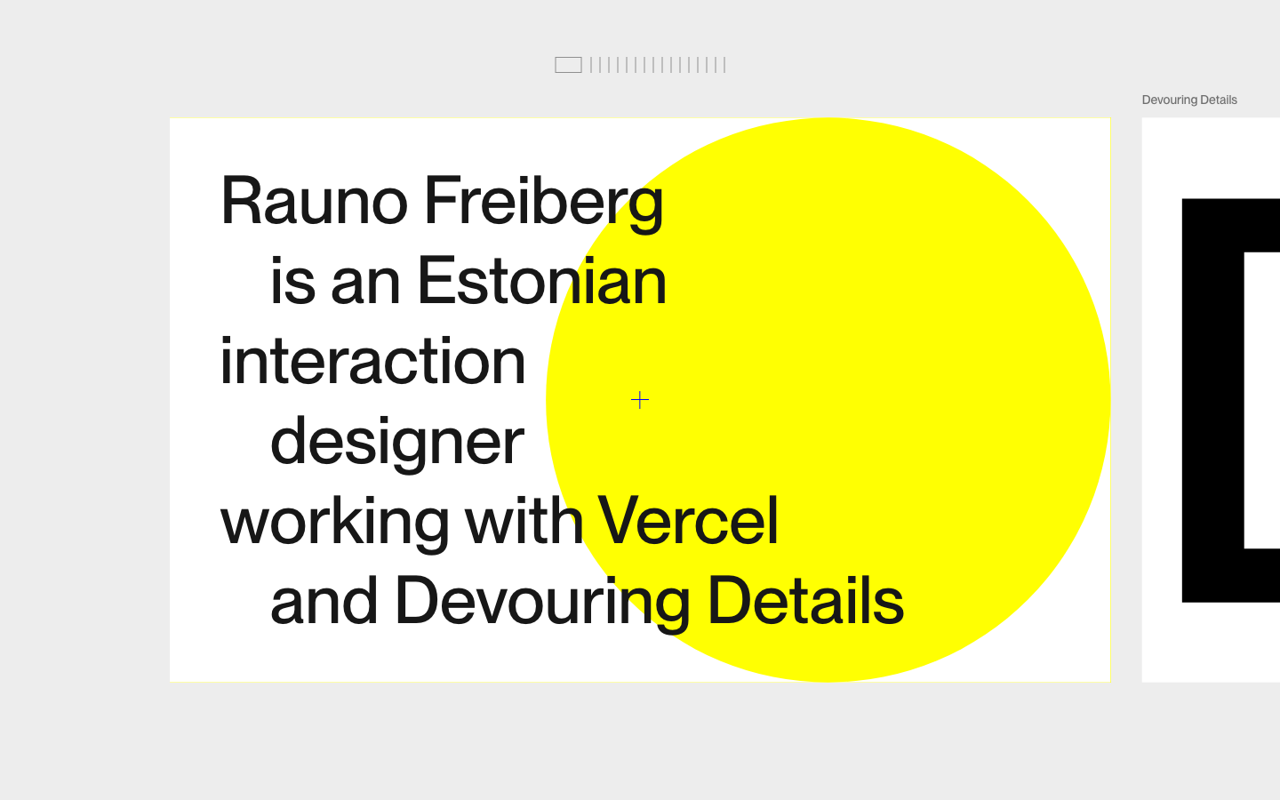 The layout prioritizes typographic hierarchy and negative space. A bold, central graphic anchors the text, creating a sense of deliberate composition. The overall feel is stark and refined. · designer portfolio, typography website, minimalist design, black and yellow, geometric graphic, creative portfolio, estonian designer, interaction design