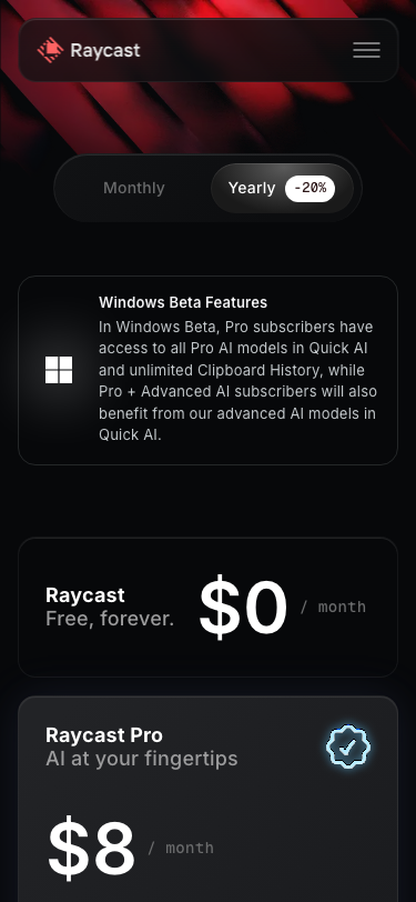 Raycast — Pricing - mobile