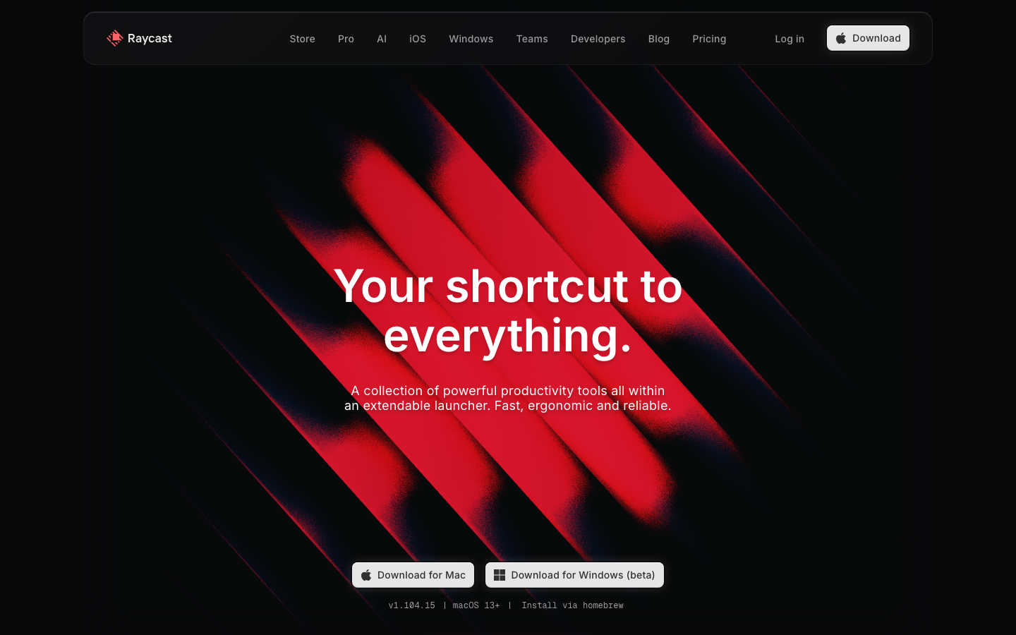 The page uses a full-screen, dynamic background with bold typography to immediately convey a sense of speed and efficiency. The stark contrast and limited color palette contribute to a technical, almost terminal-like aesthetic. · dark saas, developer tools, productivity app, terminal aesthetic, minimalist interface, shortcut manager, raycast design, dark mode saas