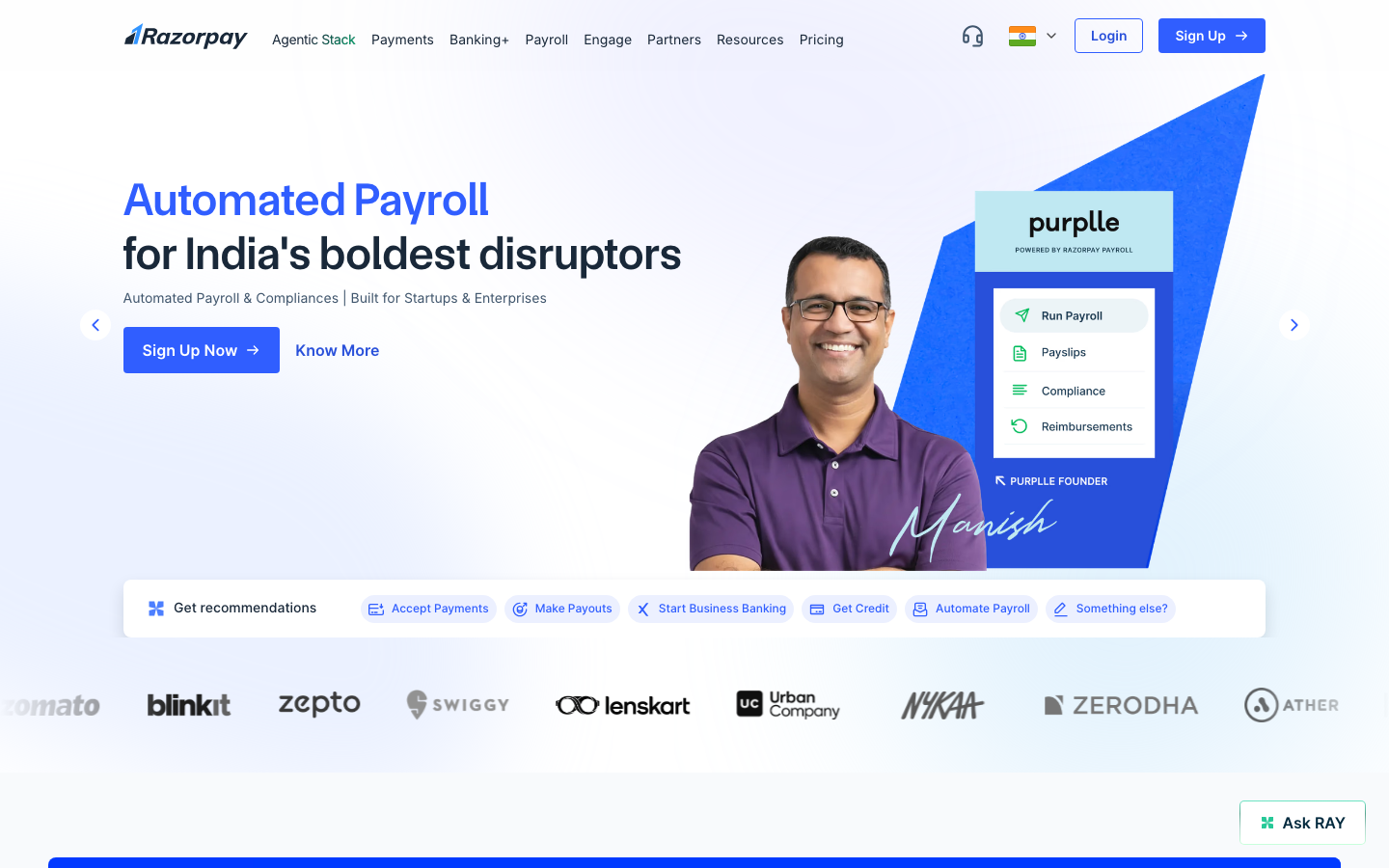 Razorpay - Best Payment Solution for Online Payments India - Online Payments India: Start Accepting Payments Instantly with Razorpay's Payment Suite, which Supports Netbanking, Credit Card & Debit Cards, UPI etc.  ·  minimalism, swiss, brutalism, fintech, saas, hero-with-cta, logo-cloud, feature-trio, sticky-nav, marquee-logos, feature-alternating