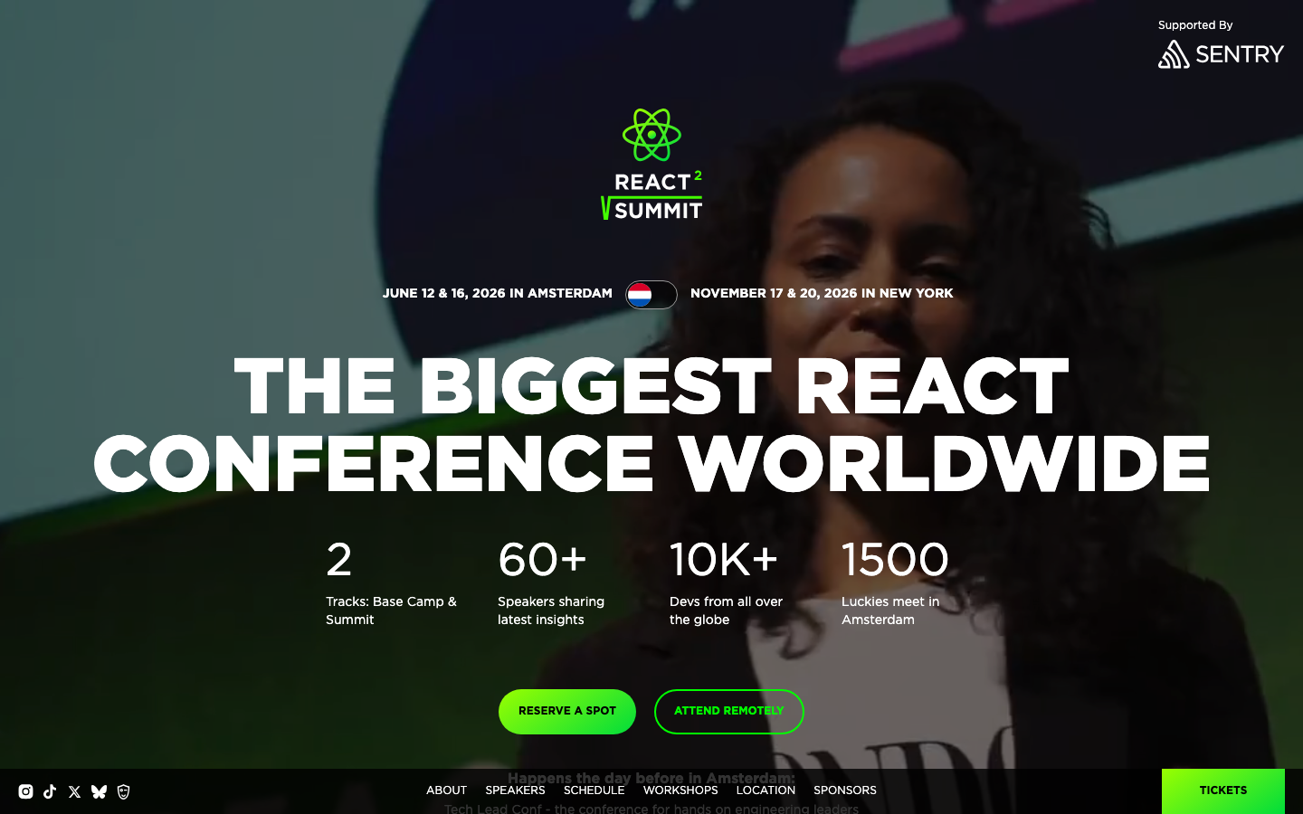 Reactsummit - The page prioritizes key metrics with large, bold numbers against a dark background. The layout is clean and functional, emphasizing information delivery over visual embellishment. Typography is straightforward and legible, contributing to a sense of technical precision. · react conference, javascript event, developer summit, tech conference, conference landing page, dark theme, metrics display, event promotion