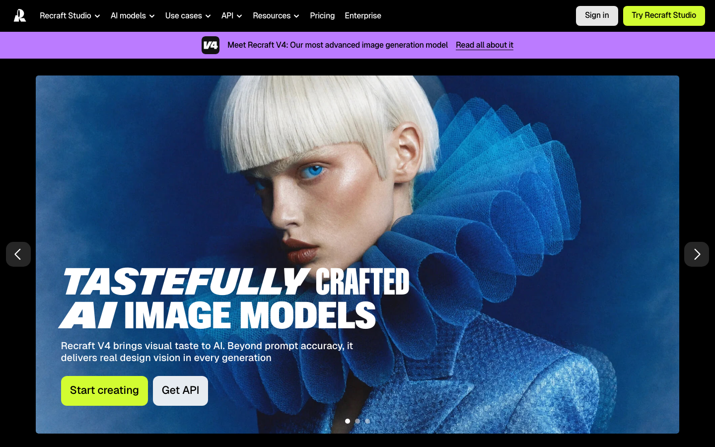 The hero image dominates the viewport, showcasing a striking portrait with a bold, white, sans-serif headline. The overall aesthetic is clean and stark, emphasizing the technological nature of the product. · ai image generation, ai models, image generation ai, ai art, digital art, recraft ai, ai image tools, text to image, ai visuals