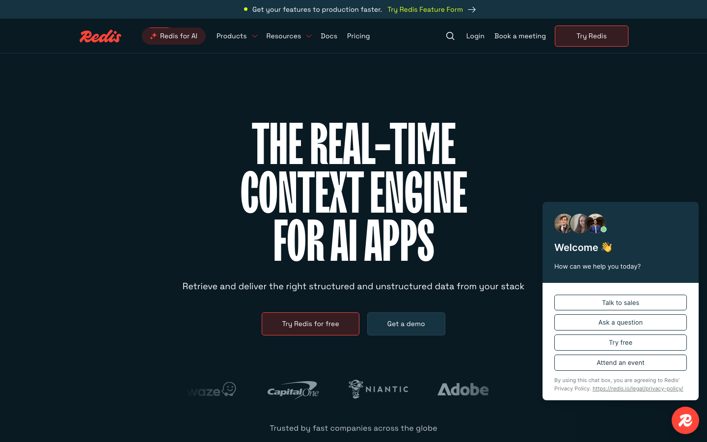 Redis - The page uses a stark, dark aesthetic with bold typography and a clear hierarchy. The layout is split, with a prominent hero section and a contrasting right-hand panel for user interaction. It feels functional and direct.  ·  ai platform, data engine, real-time data, developer tools, saas ai, redis ai, context engine, technical website, dark ui, ai infrastructure