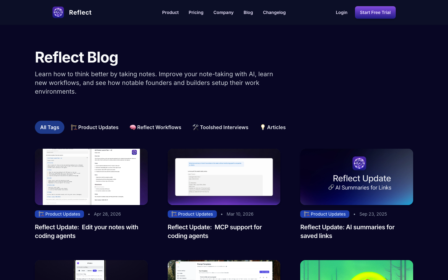 The page uses a gradient-filled hero section and a clean, structured layout with a prominent navigation. The overall feel is modern and focused on clarity, employing a dark color palette and subtle animations to guide the user. · ai note taking, productivity app, dark saas, minimalist ai, reflect app, note workflow, digital notebook