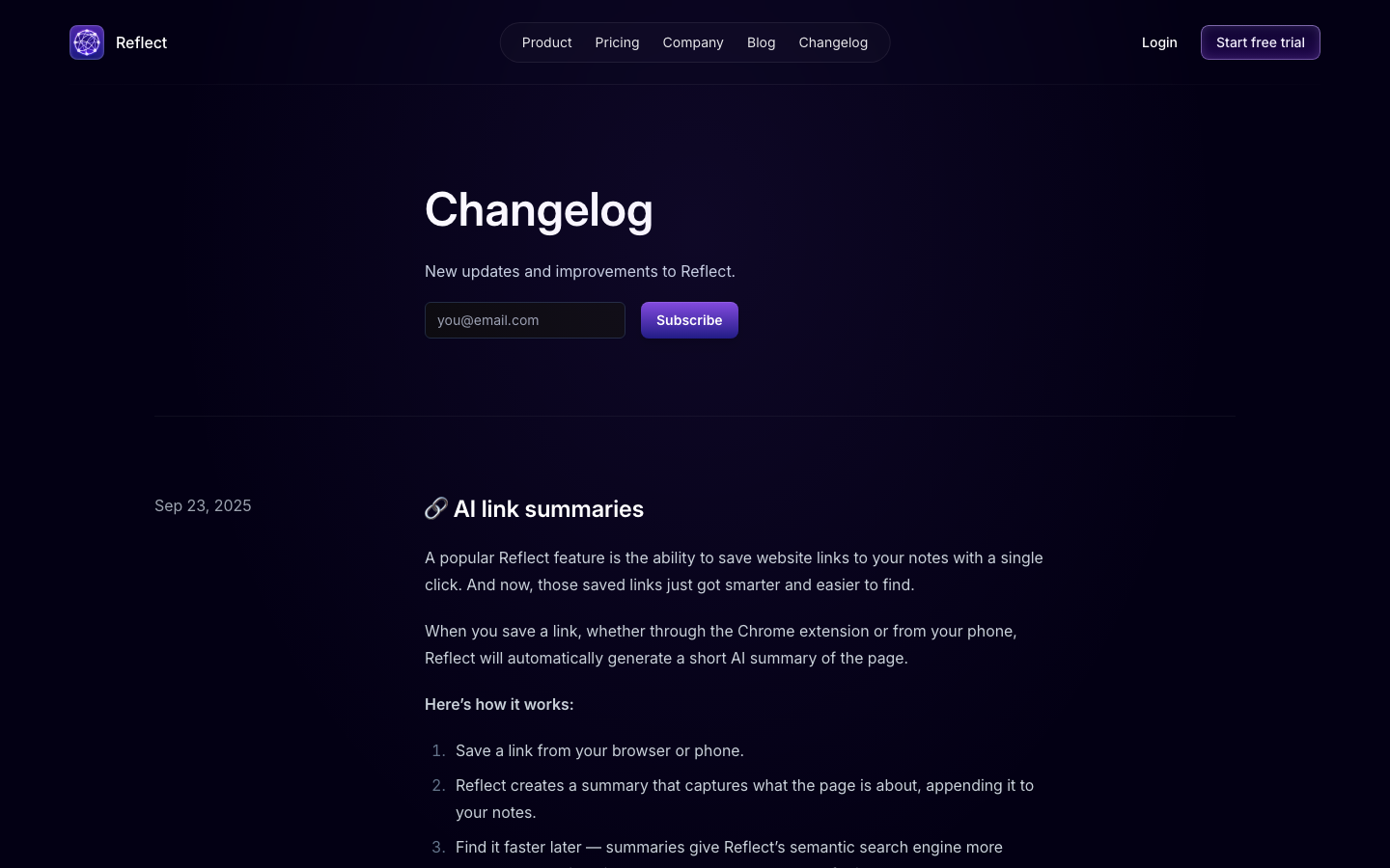 The page uses a gradient-filled hero section and a clean, structured layout with a prominent navigation. The overall feel is modern and focused on clarity, employing a dark color palette and subtle animations to guide the user. · ai note taking, productivity app, dark saas, minimalist ai, reflect app, note workflow, digital notebook