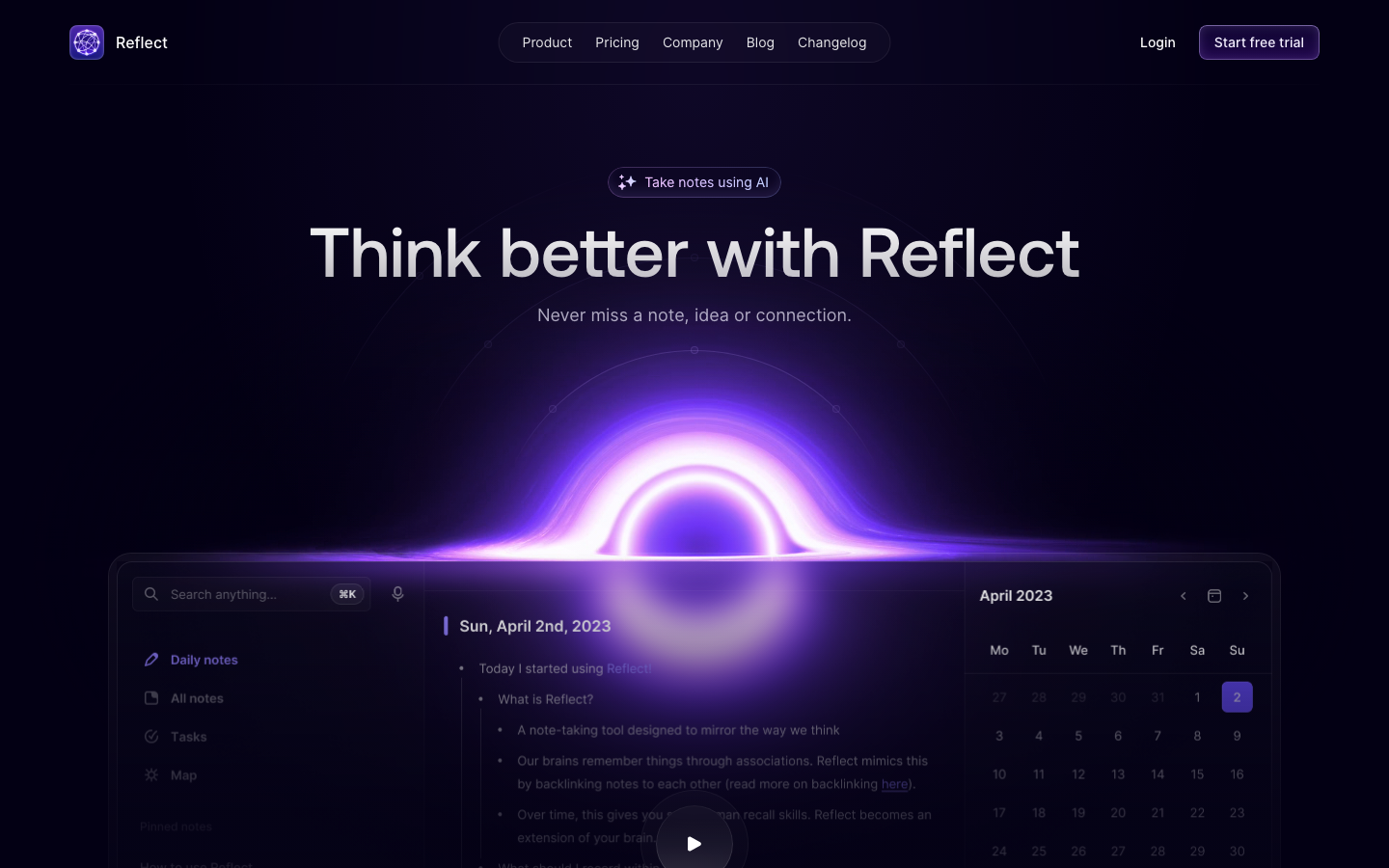 The page uses a gradient-filled hero section and a clean, structured layout with a prominent navigation. The overall feel is modern and focused on clarity, employing a dark color palette and subtle animations to guide the user.  ·  ai note taking, productivity app, dark saas, minimalist ai, reflect app, note workflow, digital notebook
