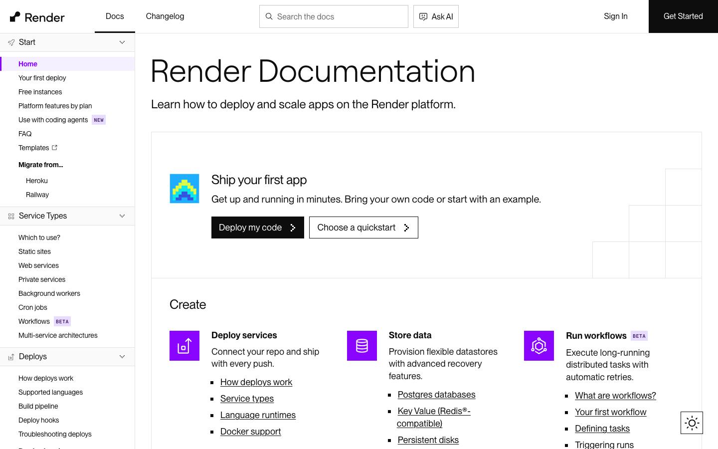 The page uses a stark, dark color palette with a focus on typography and a clear, hierarchical structure. The layout is clean and functional, prioritizing information delivery over visual embellishment. It feels like a documentation or tool-focused website.  ·  developer tools, saas pricing, cloud infrastructure, production pipeline, technical website, dark ui, render platform, ai infrastructure, developer platform