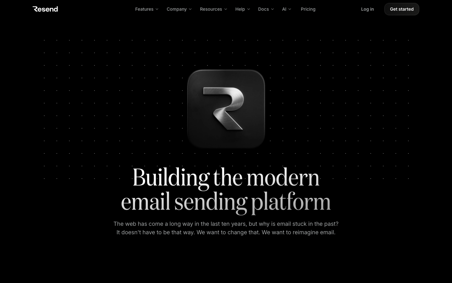 The page uses a full-screen image with a bold headline and supporting text, creating a strong visual impact. The dark background and stark typography contribute to a technical and modern feel. · developer email, saas landing page, ai tools, dark ui, minimalist design, technical website, email marketing, resend, developer tools