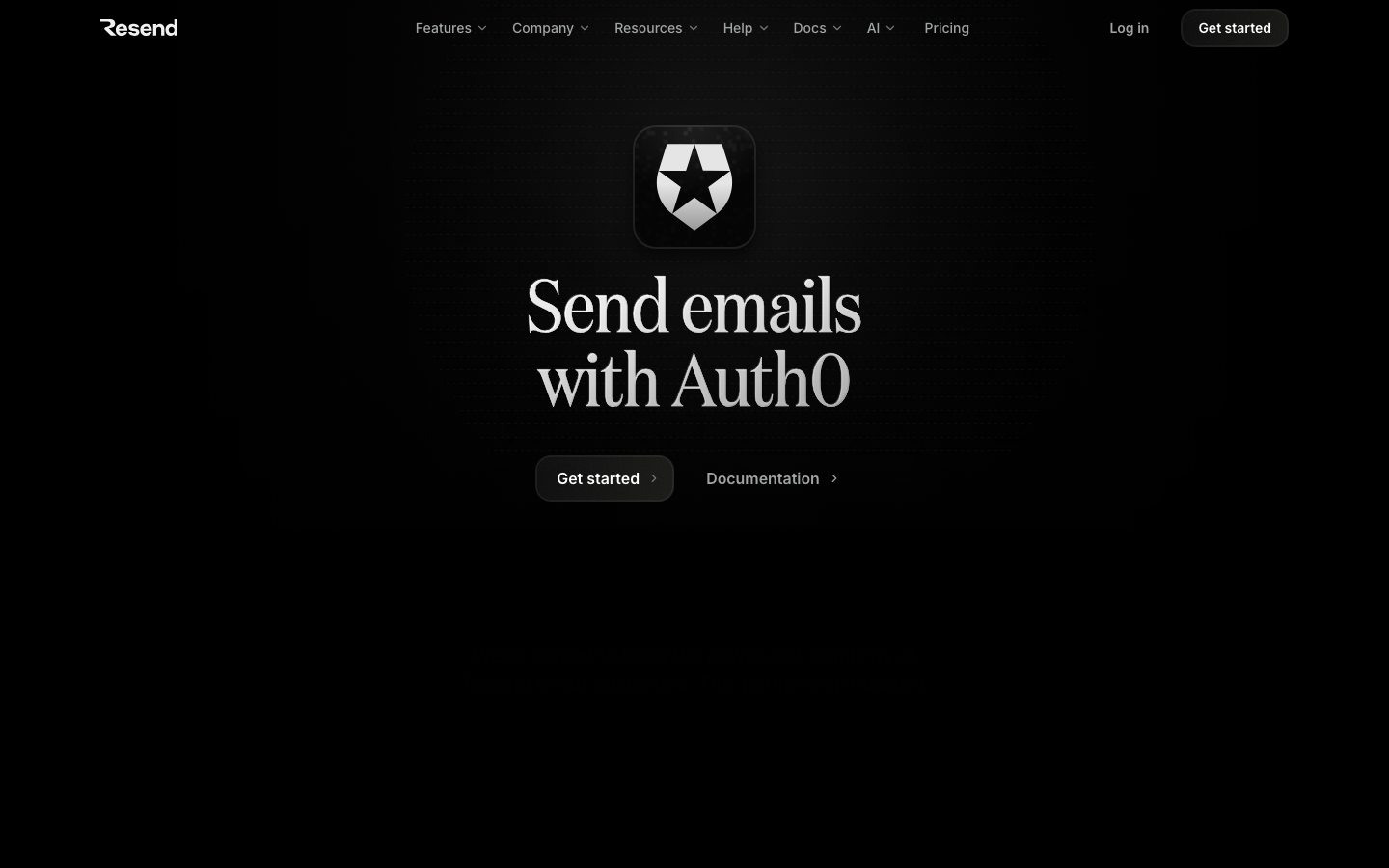 The page uses a full-screen image with a bold headline and supporting text, creating a strong visual impact. The dark background and stark typography contribute to a technical and modern feel. · developer email, saas landing page, ai tools, dark ui, minimalist design, technical website, email marketing, resend, developer tools