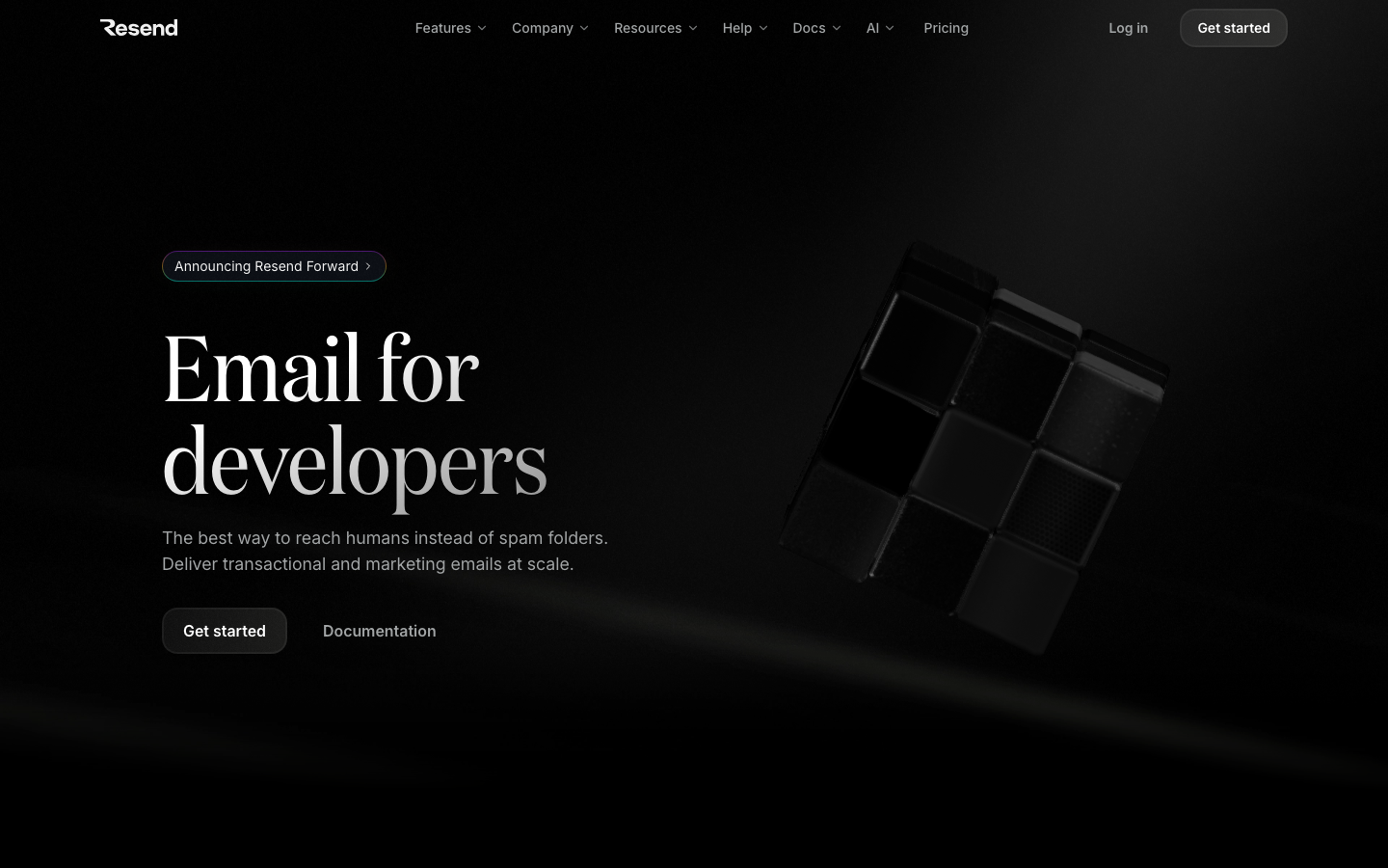The page uses a full-screen image with a bold headline and supporting text, creating a strong visual impact. The dark background and stark typography contribute to a technical and modern feel. · developer email, saas landing page, ai tools, dark ui, minimalist design, technical website, email marketing, resend, developer tools