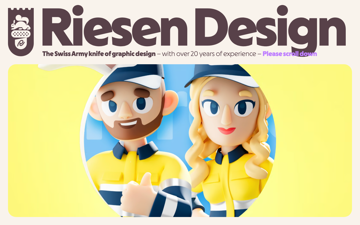 High-contrast composition featuring a massive, bold sans-serif header and 3D character illustrations. The palette uses a saturated yellow against a muted cream background for a friendly, accessible feel. · agency hero, 3d character design, bold typography, saturated yellow, playful agency landing page