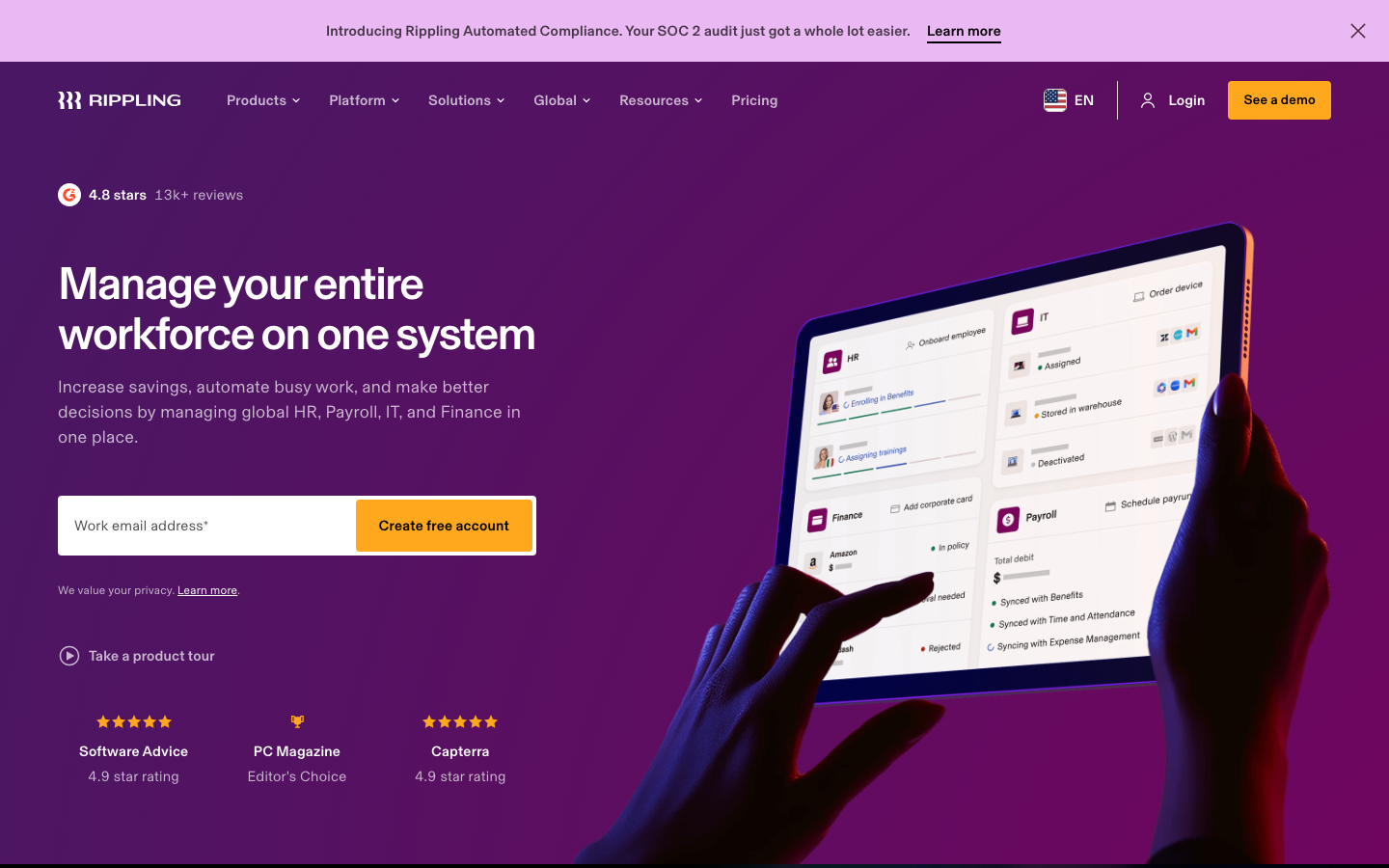 Rippling - The page uses a dark, almost black background with purple accents. The hero section features a prominent call to action overlaid on a blurred image of a tablet displaying the product interface. The overall feel is clean and focused on functionality.  ·  saas dashboard, fintech platform, workplace software, automation tools, business management, employee management, hr software, finance platform, productivity tools
