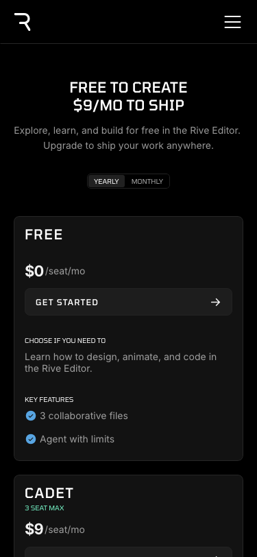 Rive — Pricing - mobile