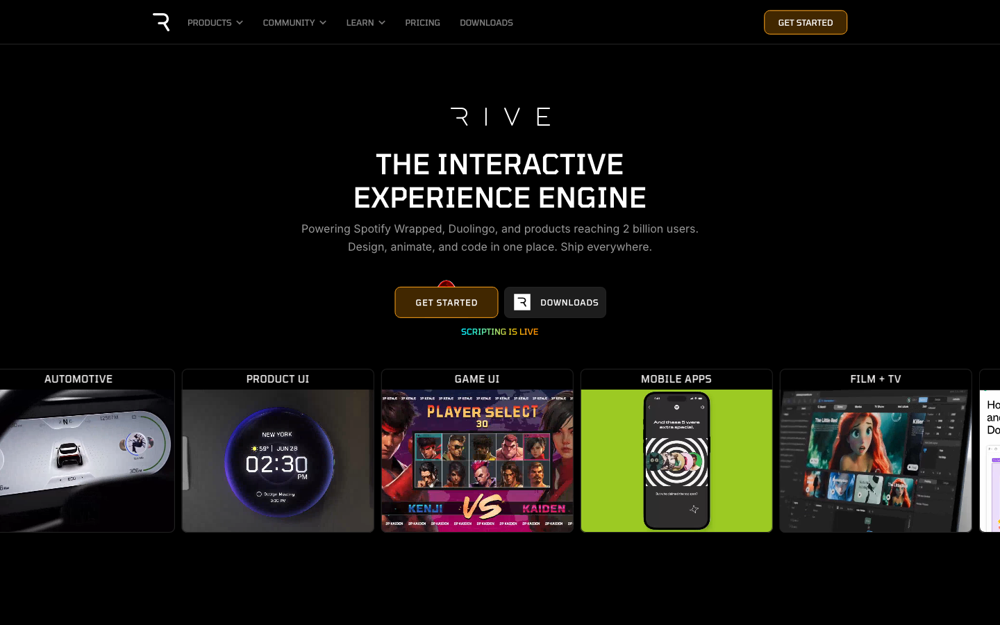 Rive - The page prioritizes a clean, functional layout with a focus on showcasing the platform's capabilities. Typography is crisp and legible, with ample negative space contributing to a sense of clarity and efficiency. The overall mood is serious and purposeful, reflecting a tool designed for professional use.  ·  design tool, interactive design, animation engine, ui prototyping, developer tools, motion design, saas interface, product showcase