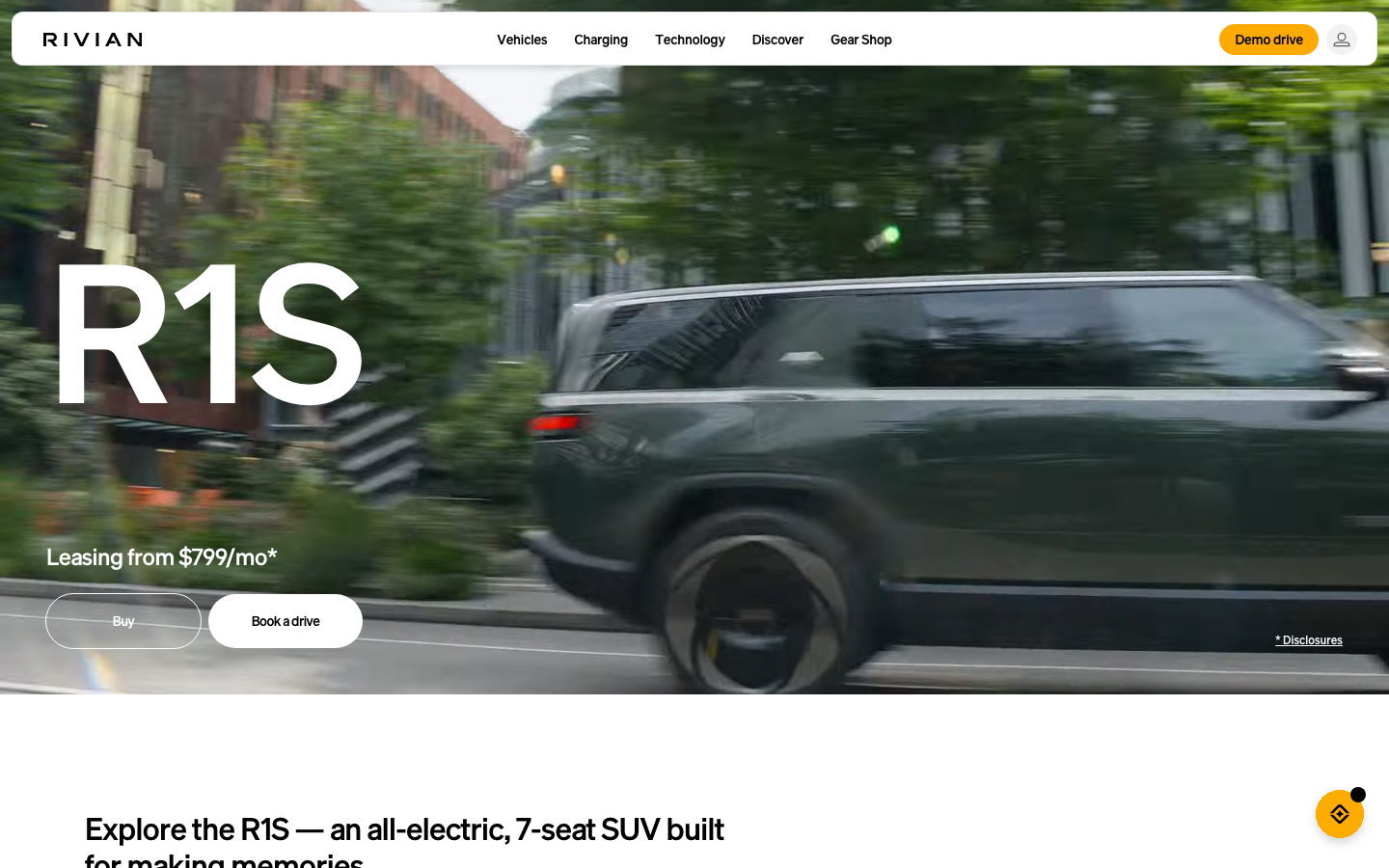 The hero image dominates the viewport, showcasing the vehicle in motion against a blurred urban backdrop. Clean typography and ample negative space create a sense of modern, technical sophistication. The overall feel is restrained and confident. · electric vehicle hero, minimalist car design, technical product page, modern automotive, dark saas hero, rivian website, futuristic car, clean product showcase