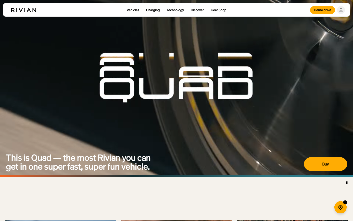 The hero image dominates the viewport, showcasing the vehicle in motion against a blurred urban backdrop. Clean typography and ample negative space create a sense of modern, technical sophistication. The overall feel is restrained and confident. · electric vehicle hero, minimalist car design, technical product page, modern automotive, dark saas hero, rivian website, futuristic car, clean product showcase