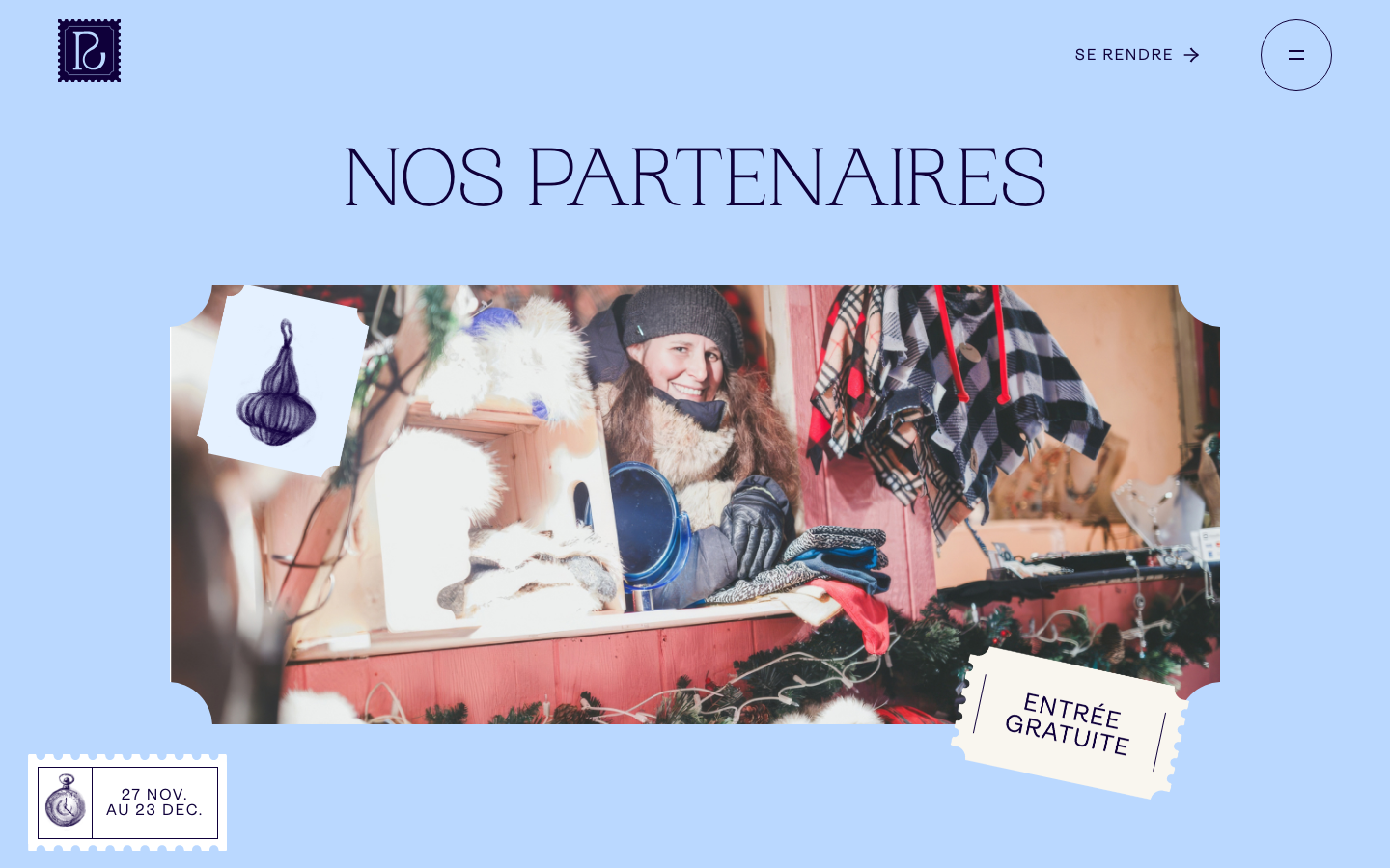 A soft periwinkle background paired with a high-contrast serif typeface. The layout uses scrapbook-style elements, including jagged-edge photo frames and stamp-like labels, to create a tactile, festive mood. · scrapbook layout, festive editorial, pastel blue hero, serif display type, tactile web design, holiday event page
