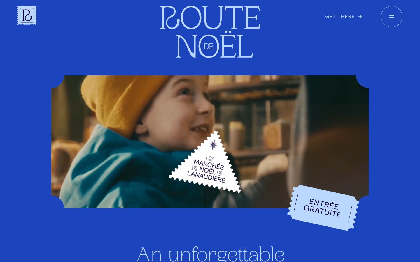 High-saturation royal blue background paired with a nostalgic, postage-stamp inspired image frame. Elegant serif typography creates a contrast between traditional holiday luxury and playful graphic elements. · holiday travel hero, postage stamp design, royal blue background, serif display type, playful editorial, christmas market landing page