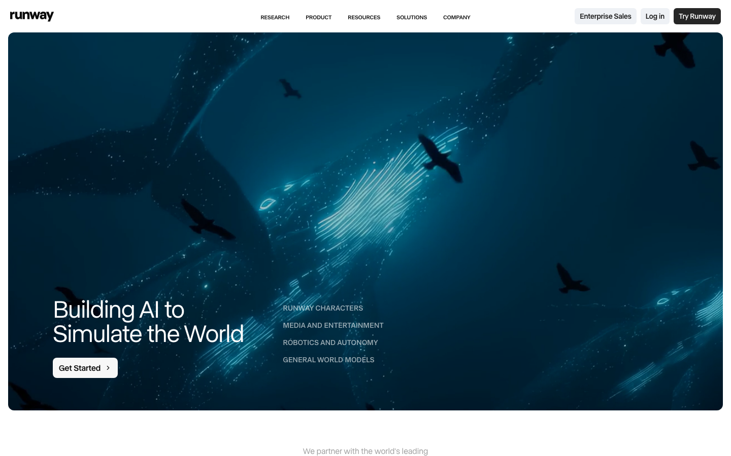 Runwayml - A full-screen, dark-themed hero image dominates the viewport, showcasing abstract, glowing particles against a deep blue backdrop. The text overlay is clean and modern, emphasizing the brand's core offering. The overall feel is sophisticated and forward-thinking.  ·  ai platform, machine learning, creative ai, video editing ai, generative ai, dark interface, futuristic design, runway ml, ai tools