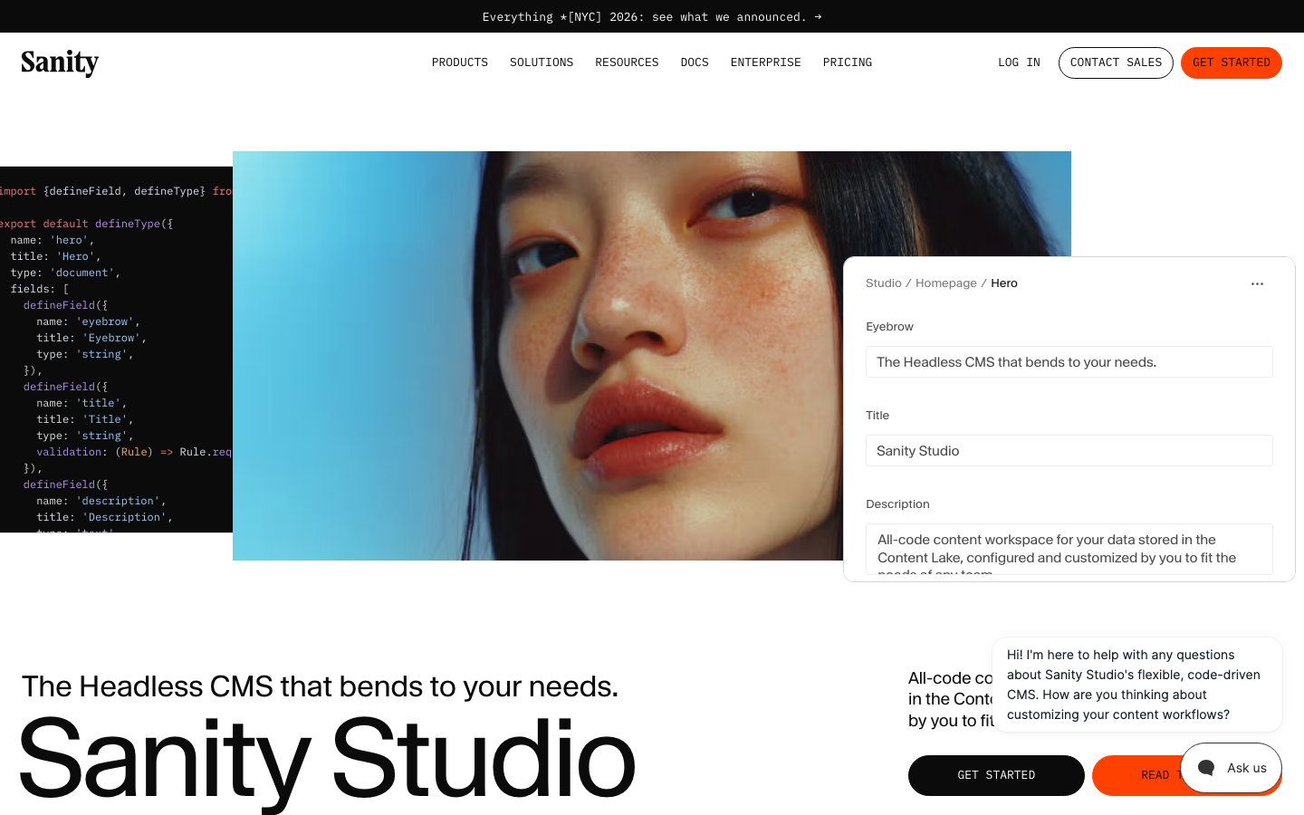 A high-contrast layout featuring a triptych hero: a dark code editor, a centered portrait, and a clean CMS interface. Bold, oversized sans-serif typography anchors the bottom of the fold. · developer tool hero, cms landing page, technical swiss design, code editor visual, high contrast saas