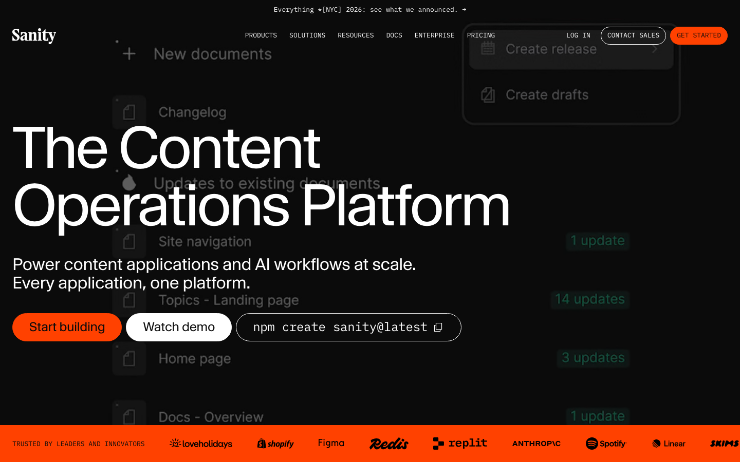 High-contrast dark mode interface featuring massive sans-serif typography overlaid on a ghosted UI mockup. A vibrant orange accent is used sparingly for primary CTAs and the partner logo strip. · dark saas hero, developer tool landing page, high contrast typography, tech logo marquee, modern devtools ui