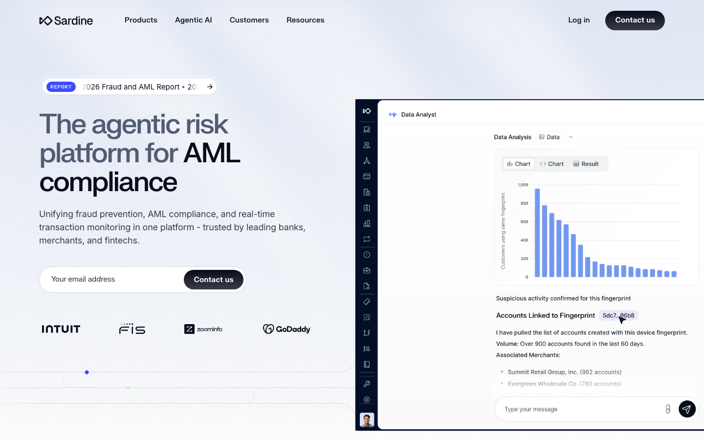 The top agentic risk platform used by leading banks and merchants worldwide to stop fraud in real-time, prevent AI-driven attacks, automate fraud & AML operations · minimalism, swiss, dark-mode, saas, fintech, ai, hero-with-cta, logo-cloud, testimonial-wall, newsletter-signup