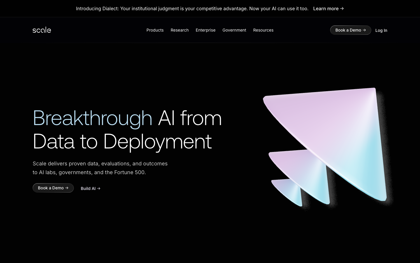 The page uses a full-screen hero image with a bold headline and supporting text, establishing a strong visual presence. The color palette is limited to cool tones against a dark background, creating a sense of technological sophistication. · ai platform, data deployment, machine learning, tech website, dark ai, scale ai, ai solutions, data science, cloud ai