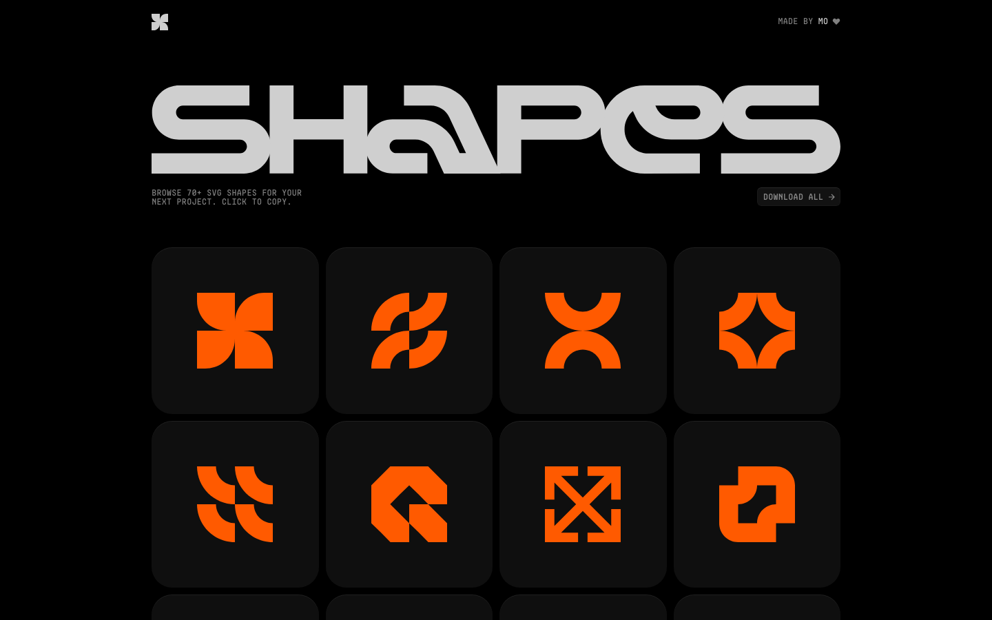 High-contrast dark interface featuring a massive, wide-set display typeface and a uniform grid of orange geometric SVG icons. · dark mode svg library, geometric icon grid, futurist typography, high contrast orange black, developer asset gallery