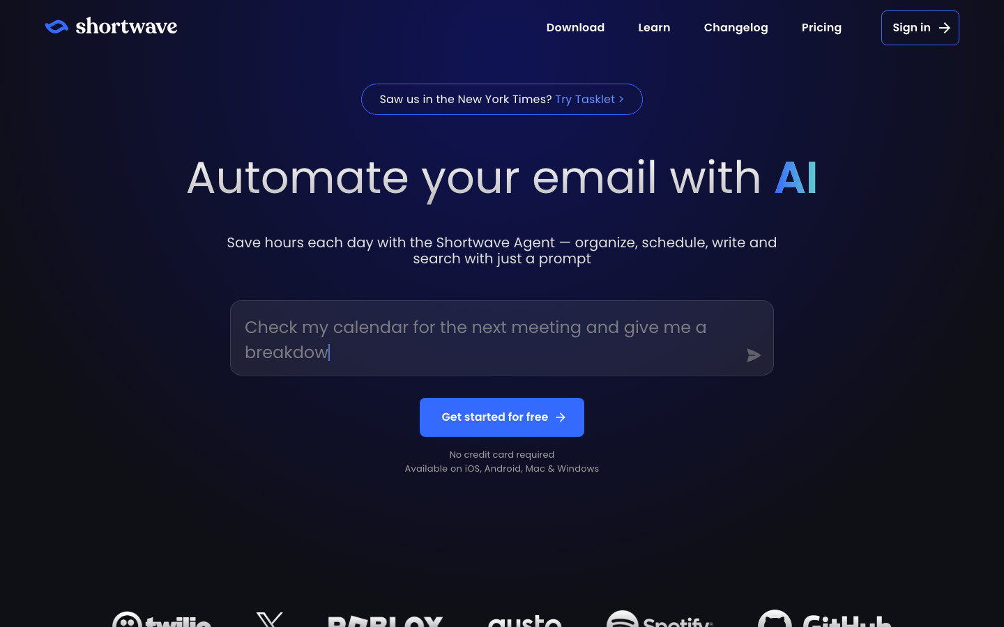 Shortwave - The page uses a stark, dark aesthetic with a prominent call to action. Typography is clean and functional, prioritizing clarity over ornamentation. The overall impression is efficient and focused on the product's utility. · ai email, automation tool, dark saas, productivity app, email workflow, shortwave ai, ai writing assistant