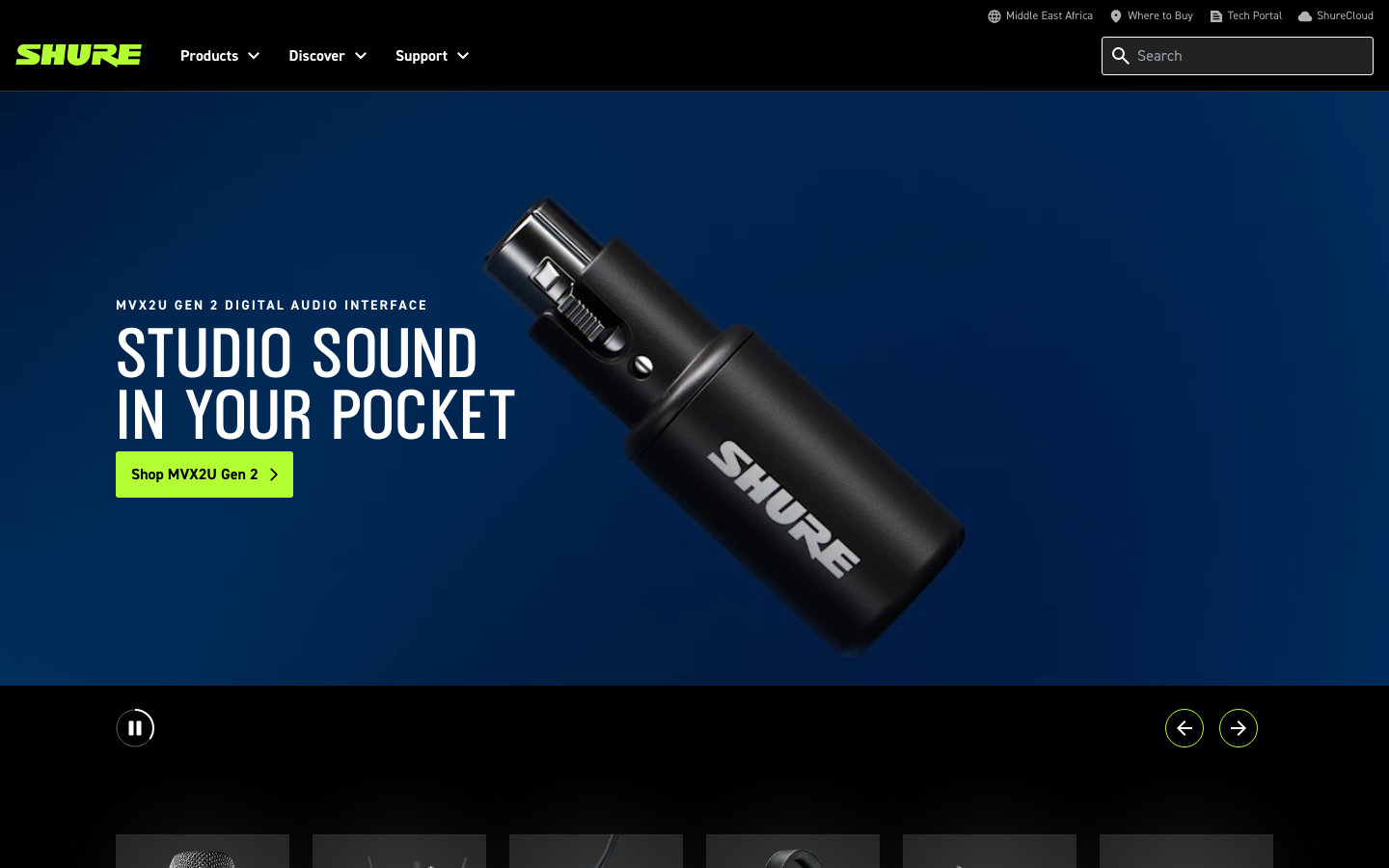 The hero image is a dramatic, close-up of the product against a deep teal background. Typography is clean and modern, prioritizing clarity and a sense of professional functionality. The overall feel is focused and direct. · audio interface, studio equipment, microphone, shure, digital audio, pocket recorder, recording gear