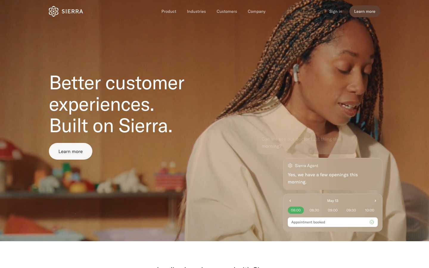 Sierra helps businesses build better, more human customer experiences with AI. · minimalism, editorial, swiss, saas, ai, developer-tools, hero-with-cta, logo-cloud, feature-trio