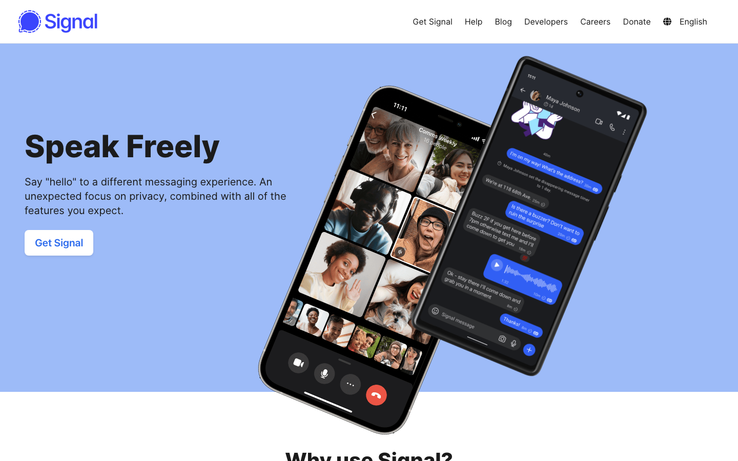 The layout prioritizes visual hierarchy with a prominent hero section showcasing the app's interface. The use of dark mode and clean typography creates a focused, professional feel, emphasizing clarity and ease of use. · dark saas, minimalist app, secure messaging, signal design, tech landing page, conversational interface, privacy focused, modern ui