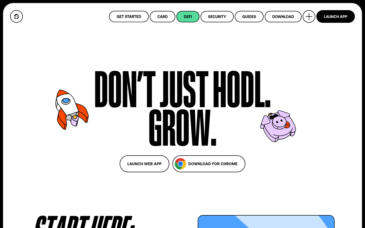 High-contrast layout featuring oversized, condensed sans-serif typography and cartoonish 3D illustrations. The design uses a stark white background to make the bold black type and colorful accents pop. · crypto landing page, bold typography hero, playful fintech design, high contrast web design, cartoon illustration ui