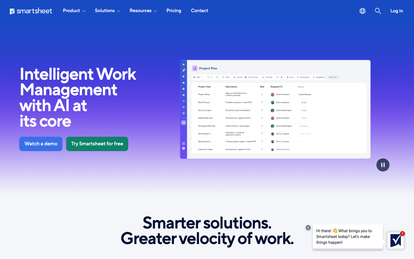 The page prioritizes clarity and functionality with a clean, structured layout. The use of ample white space and a limited color palette emphasizes the content and creates a sense of professional efficiency. Typography is straightforward and legible, supporting a sense of technical precision. · saas dashboard, project management ai, work management tools, intelligent workflow, collaboration platform, smartsheet features, ai powered tools, business productivity, workflow automation, project tracking