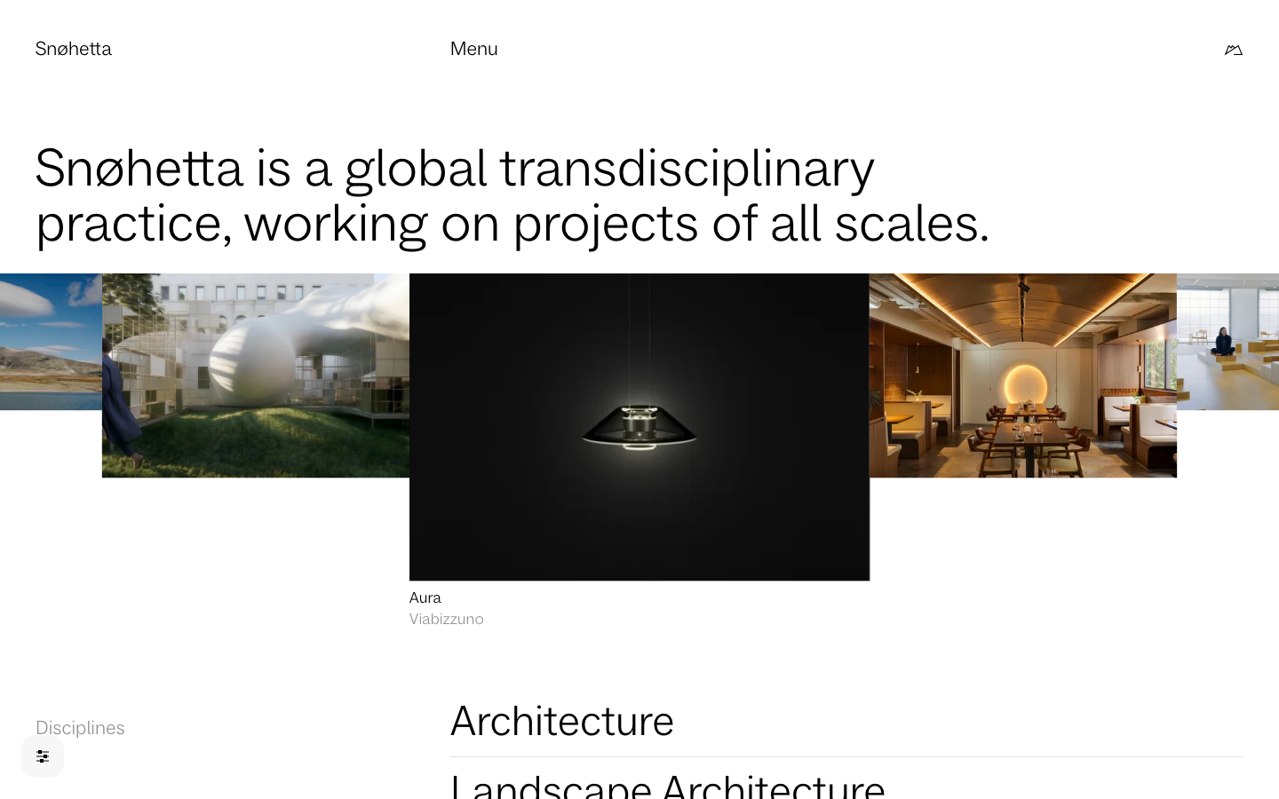 Snohetta - The page uses a clean, spacious layout with large, high-quality photography as the primary visual element. Typography is restrained, prioritizing clarity and hierarchy. The overall mood is sophisticated and understated, reflecting a focus on design and craftsmanship.  ·  architecture agency, minimalist portfolio, modern design, snohetta projects, architectural firm, landscape architecture, design studio, global practice, transdisciplinary design, architectural visualization