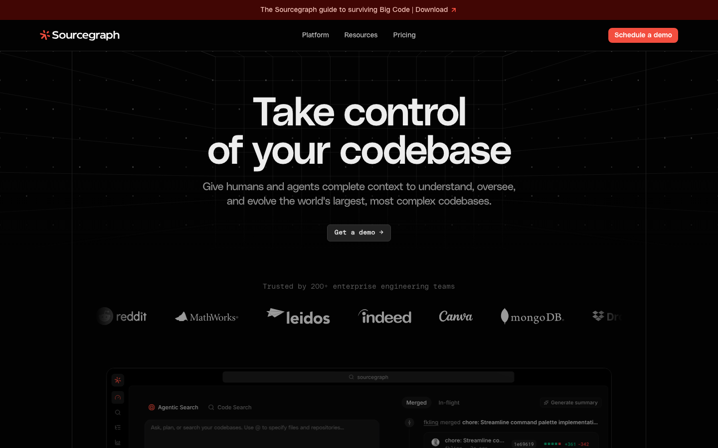 Code Understanding, Oversight and Evolution | Sourcegraph - Give humans and agents complete context to understand, oversee, and evolve the world's largest, most complex codebases.  ·  minimalism, dark-mode, monochrome, brutalism, developer-tools, saas, hero-with-cta, logo-cloud, feature-trio