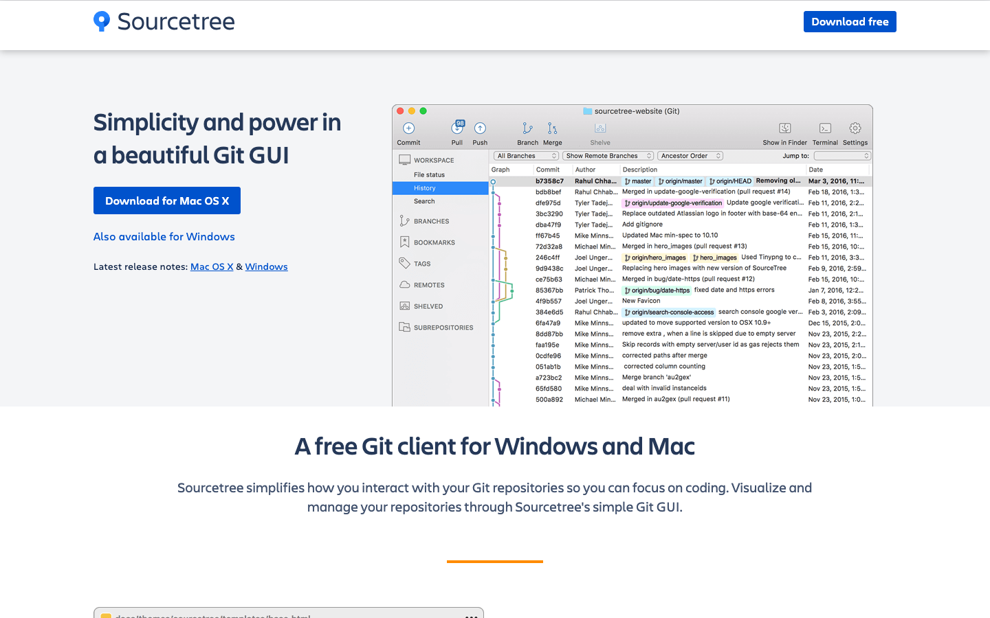 The page prioritizes functionality with a dark color palette and a focus on code. Typography is clean and functional, emphasizing readability over ornamentation. The layout is structured with distinct sections for navigation, content, and actions. · git client, source control, developer tools, dark theme, terminal emulator, code management, sourcetree, version control, github, gitlab